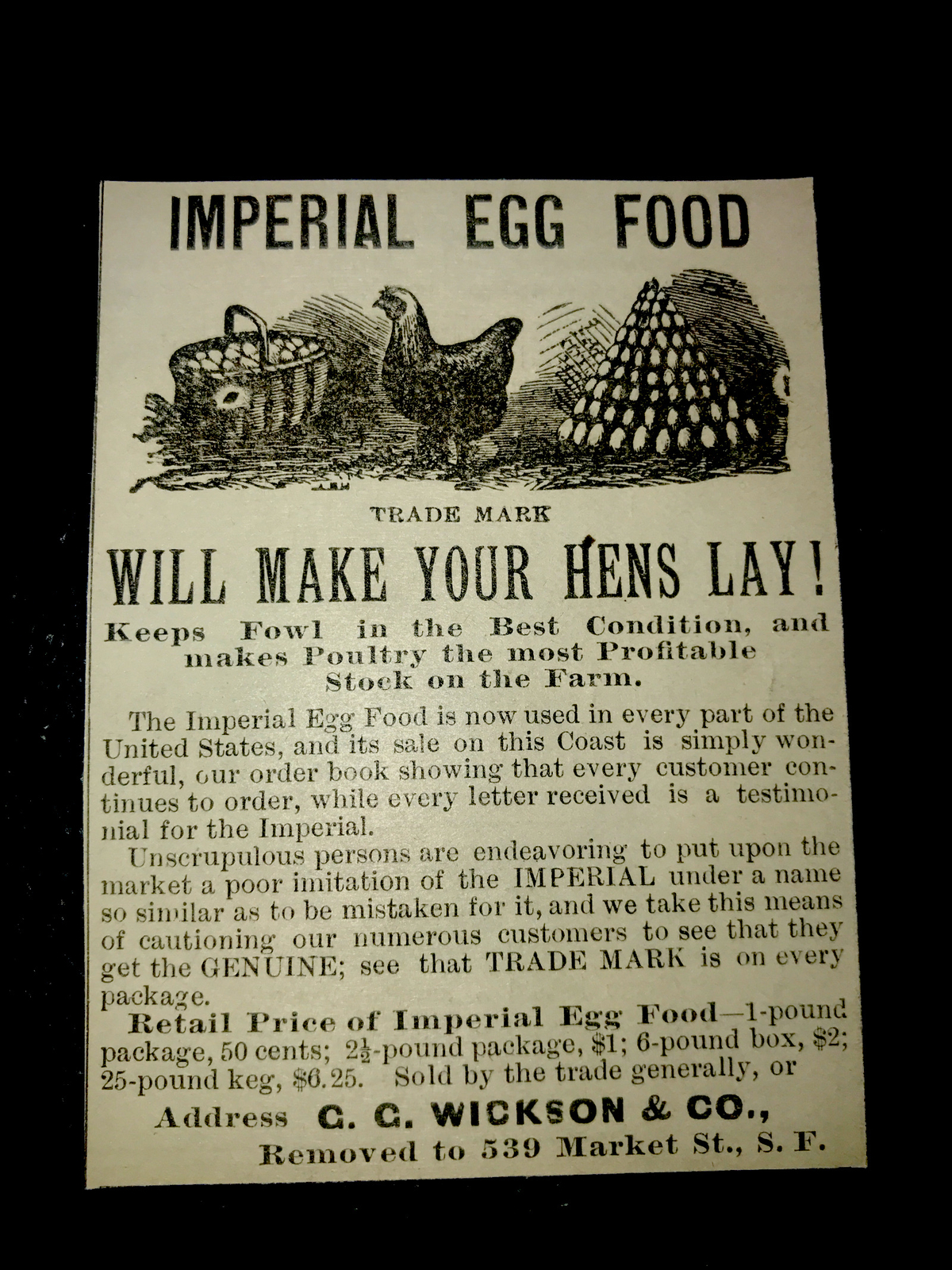 1884 Chicken Farm Advertising – San Francisco – California