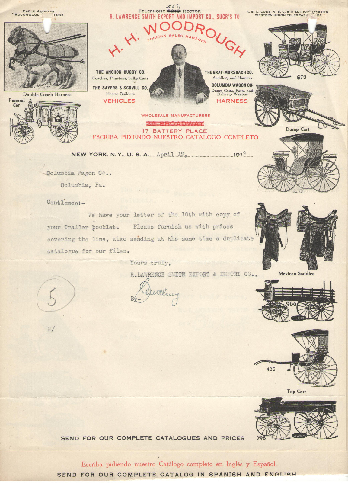 VTG 1919 IMPORT/EXPORT CO LETTERHEAD! FUNERAL CAR/MEXICAN SADDLE/COLUMBIAN WAGON
