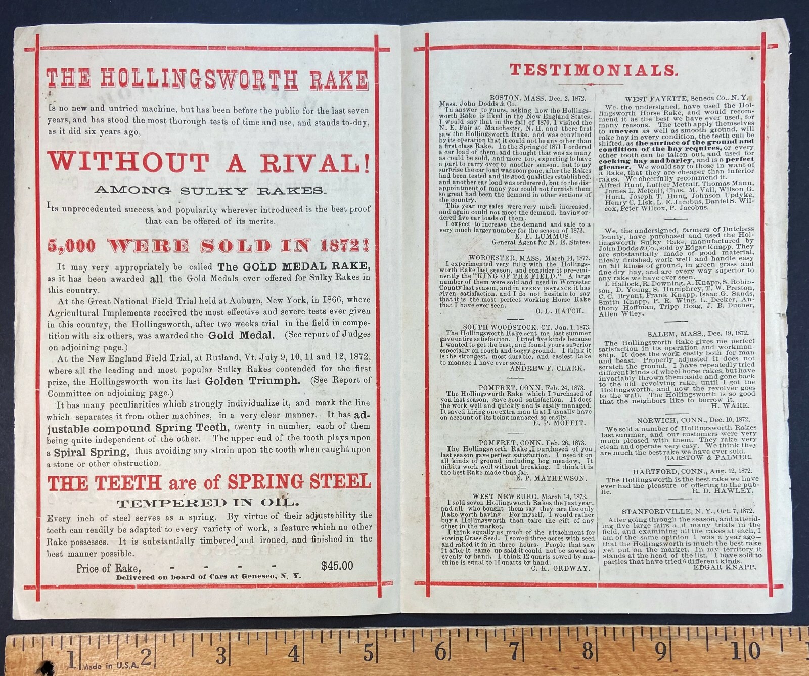SUPER Catalog Pamphlet – Hollingsworth Hay Rake Dodds / Munn Geneseo NY 1873