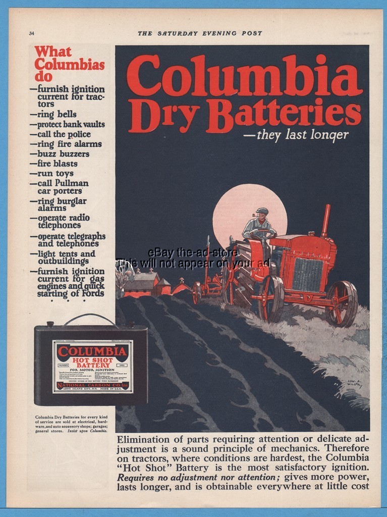 1922 Columbia Battery National Carbon Long Island NY Edward A Wilson Tractor Ad