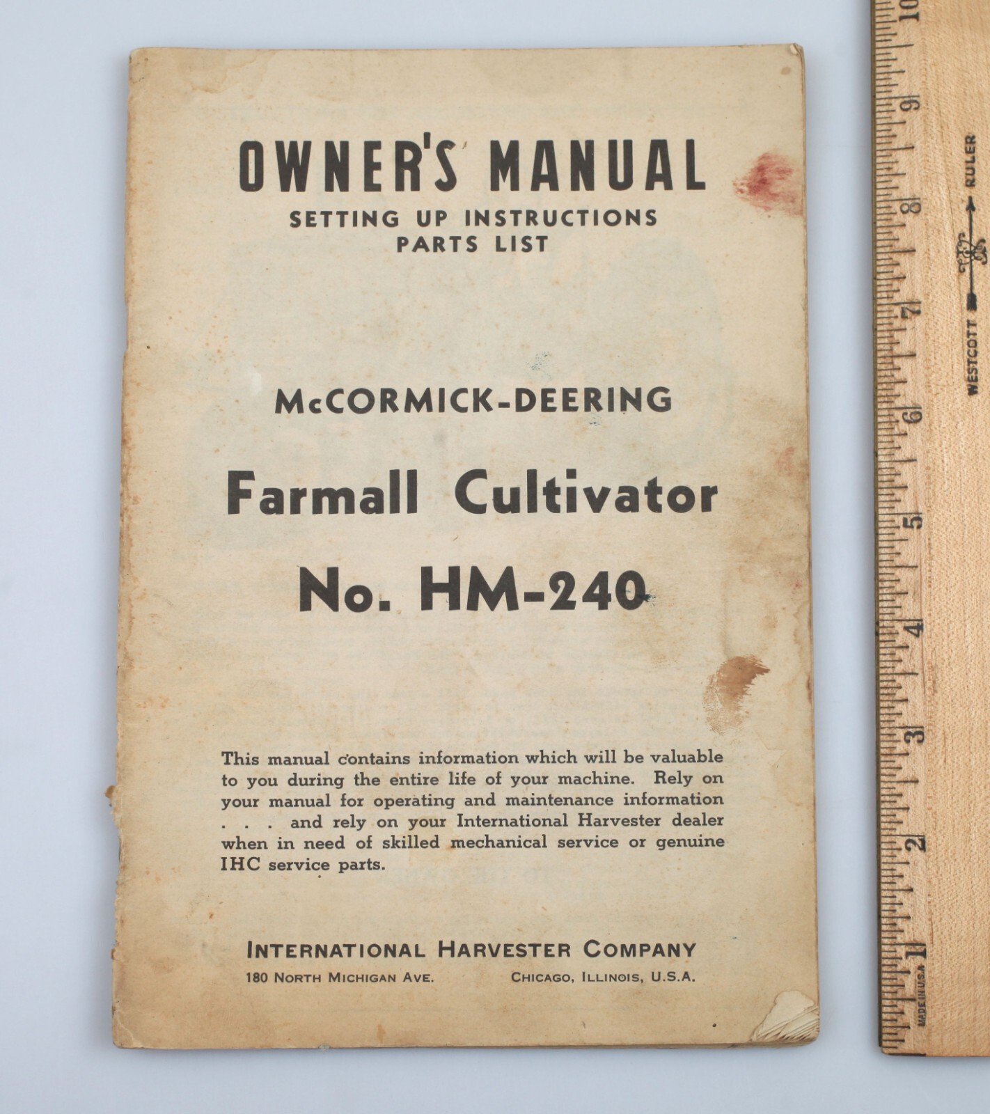Vintage 1943 McCormick Deering Farmall Cultivator No. HM-240 Owners Manual IH