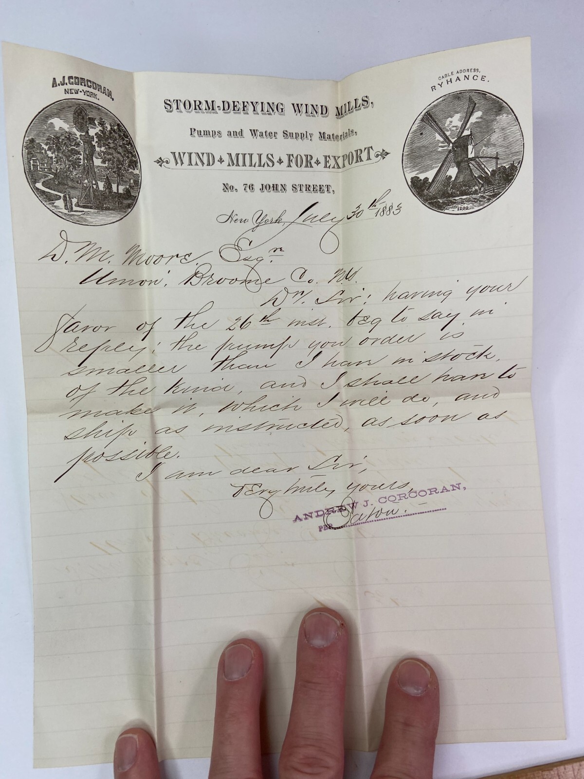 RARE ARCHIVE Letters EPHEMERA Billheads etc – Andrew Corcoran Wind Mills NY 1883