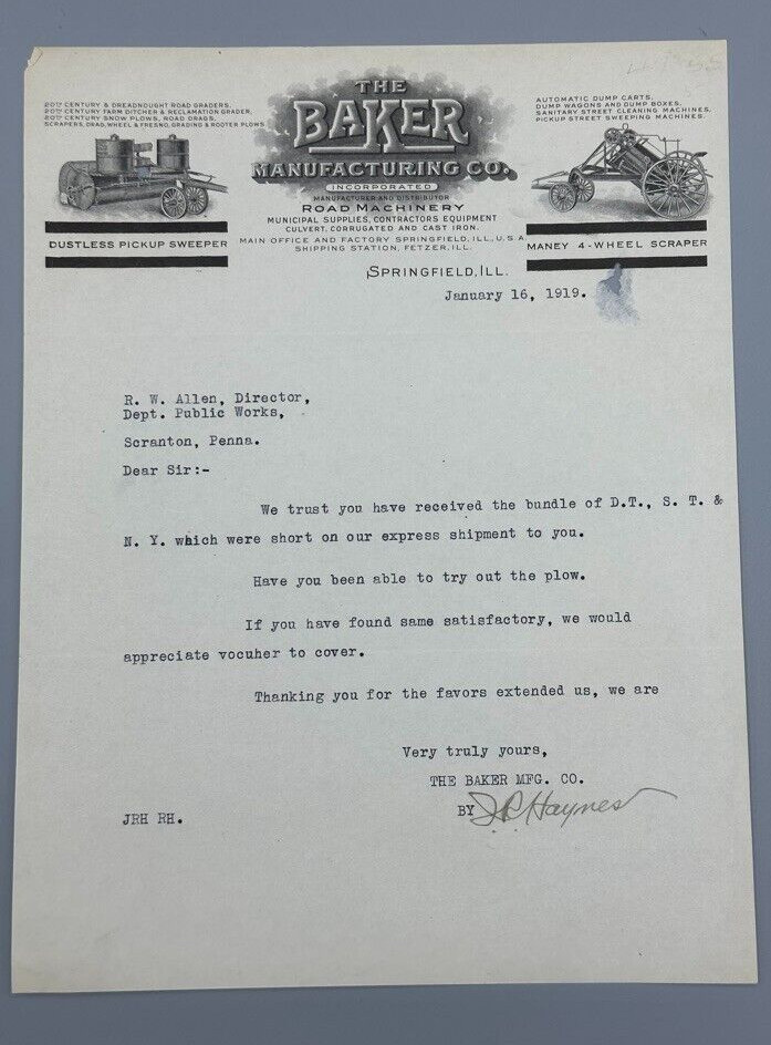 1919 BAKER ROAD MACHINERY Scraper Antique Advertising SPRINGFIELD IL Letter