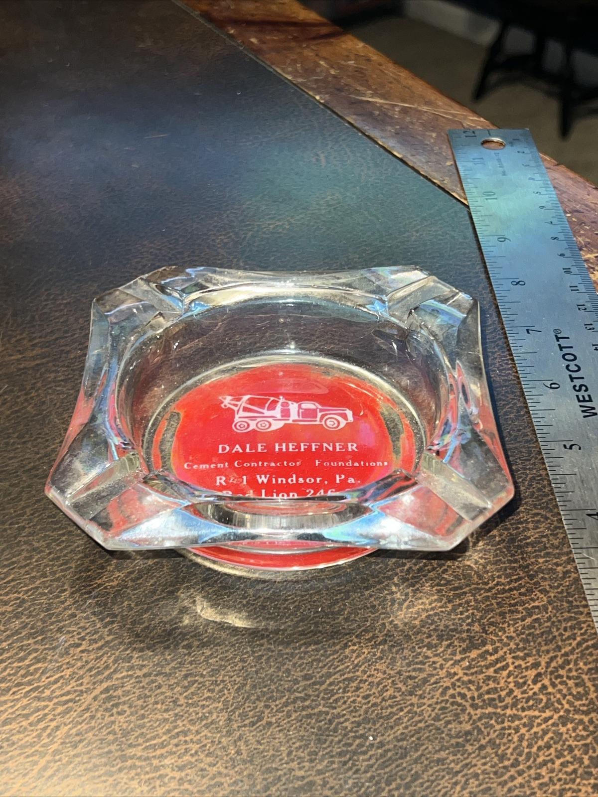 Vintage Glass Ashtray Dale Heffner Cement Contractor Windsor Red Lion Pa