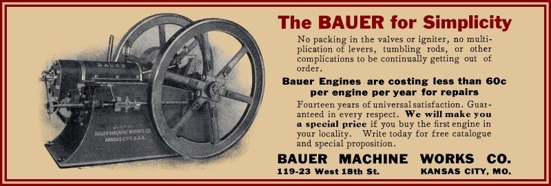 1908 Bauer Machine Works Gas Engines, Kansas City, MO New Metal Sign: 6×18&Prime;