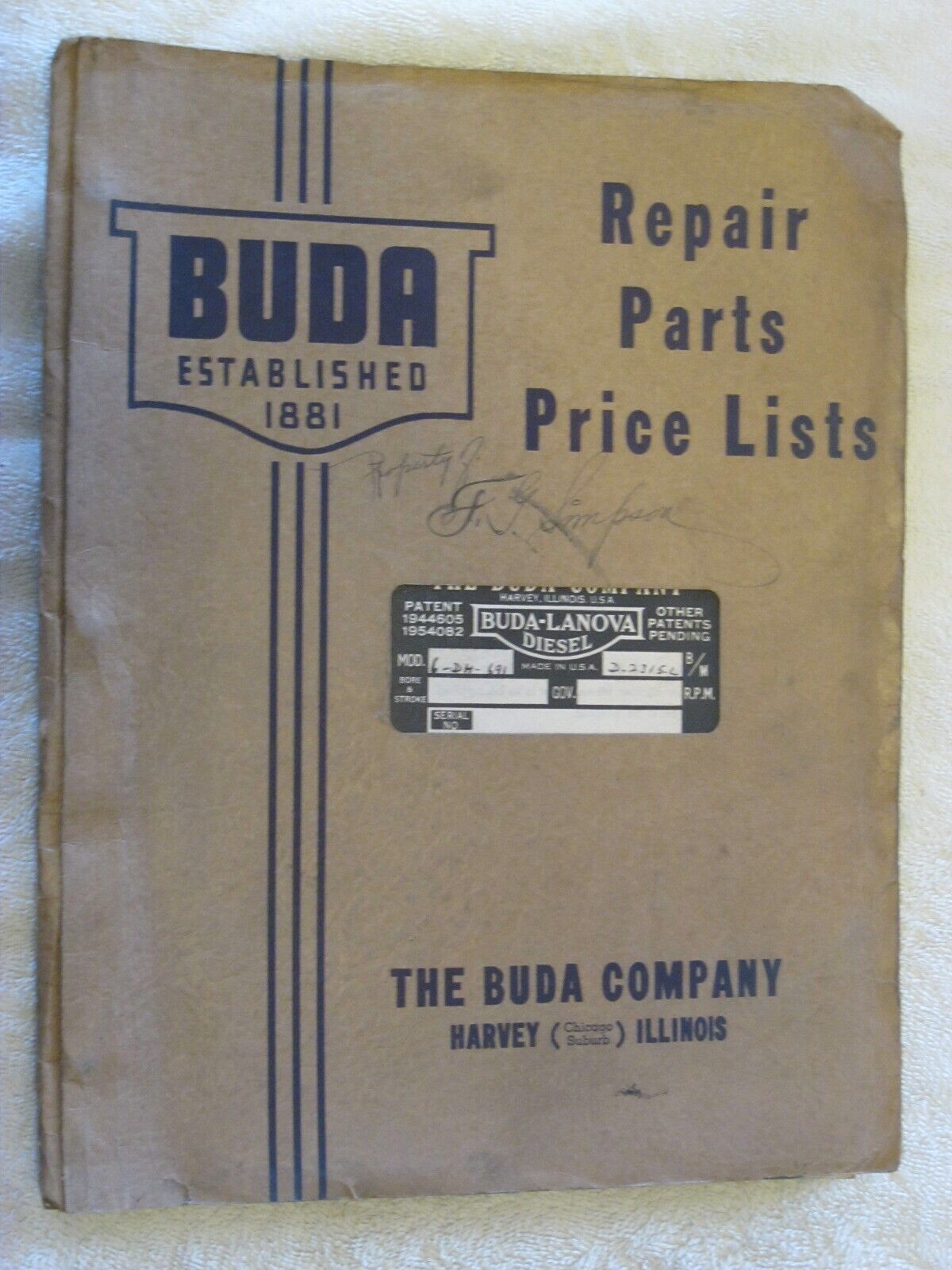 1940&rsquo;s BUDA MODEL 6DH-691 DIESEL ENGINE REPAIR PARTS LIST MANUAL
