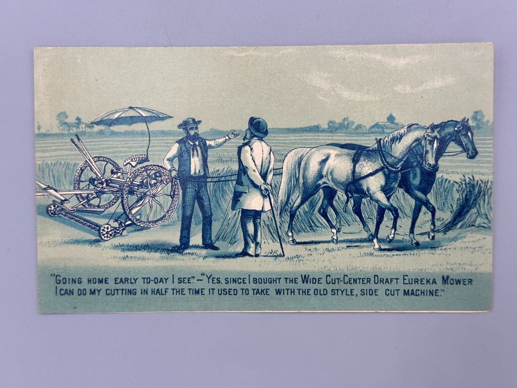 1890s EUREKA MOWER Victorian FARM Advertising Folding Trade Card UTICA NY