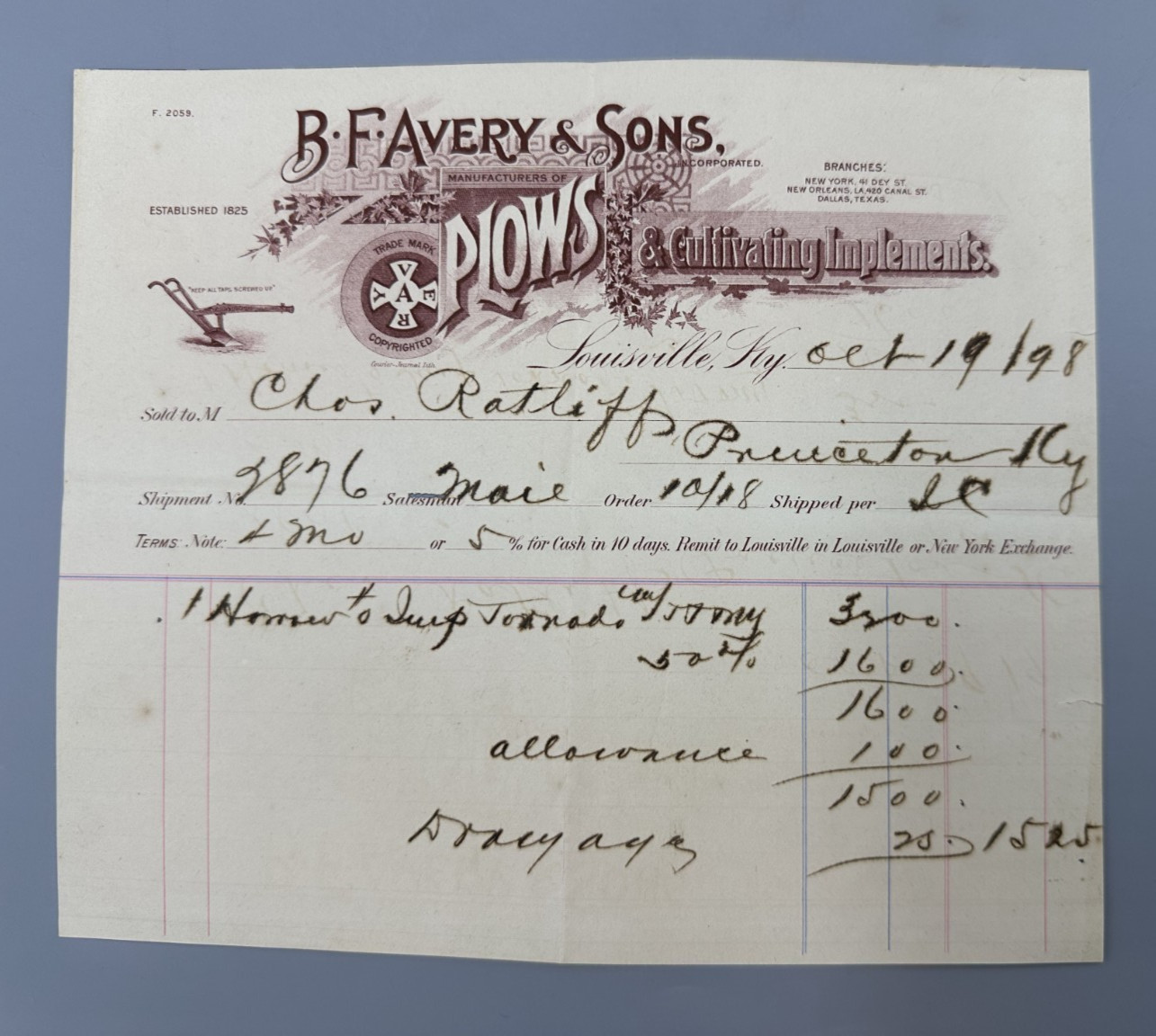 1898 BF AVERY PLOWS Antique Receipt Bill FARM Advertising LOUISVILLE KY