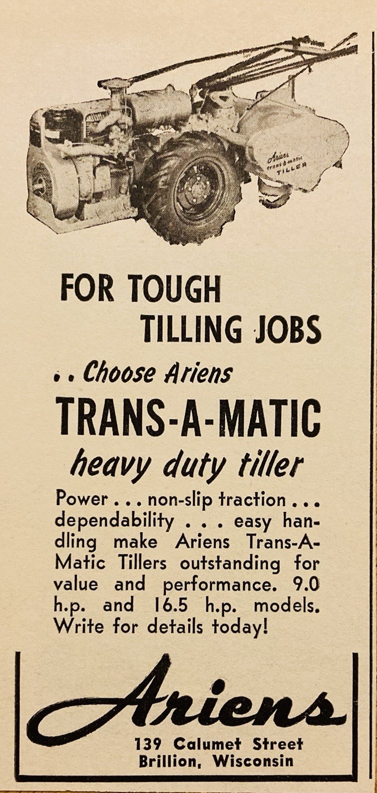 1959 AD.(PC10)~ARIENS CO. BRILLION, WIS. ARIENS TRANS-A-MATIC TILLER