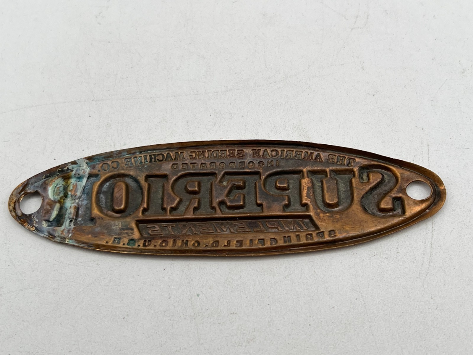 Vintage The American Seeding Machine Co. Superior Implements Brass Tag / Plate