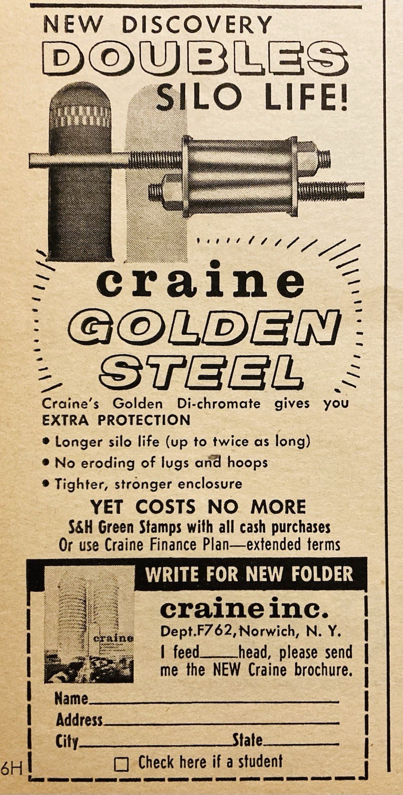 1962 AD.(XH82)~CRAINE, INC. NORWICH, NY. GOLDEN STEEL SILO MFG. PROTECTION