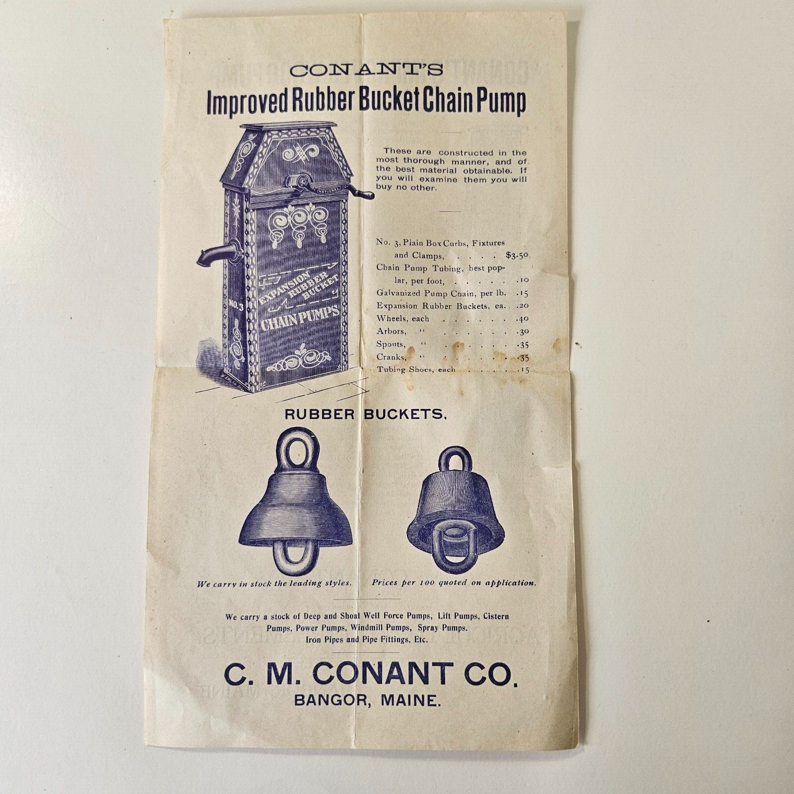 Late 1800&rsquo;s Conant Co Bangor Maine Sales Brochure Wood & Bucket Chain Water Pimp