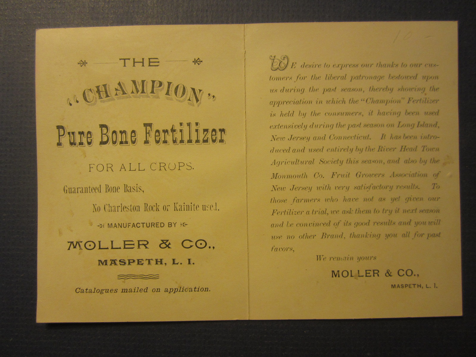 Old c.1880&rsquo;s Moller & Co Champion Bone Fertilzer – Advertising Card MASPETH L.I.