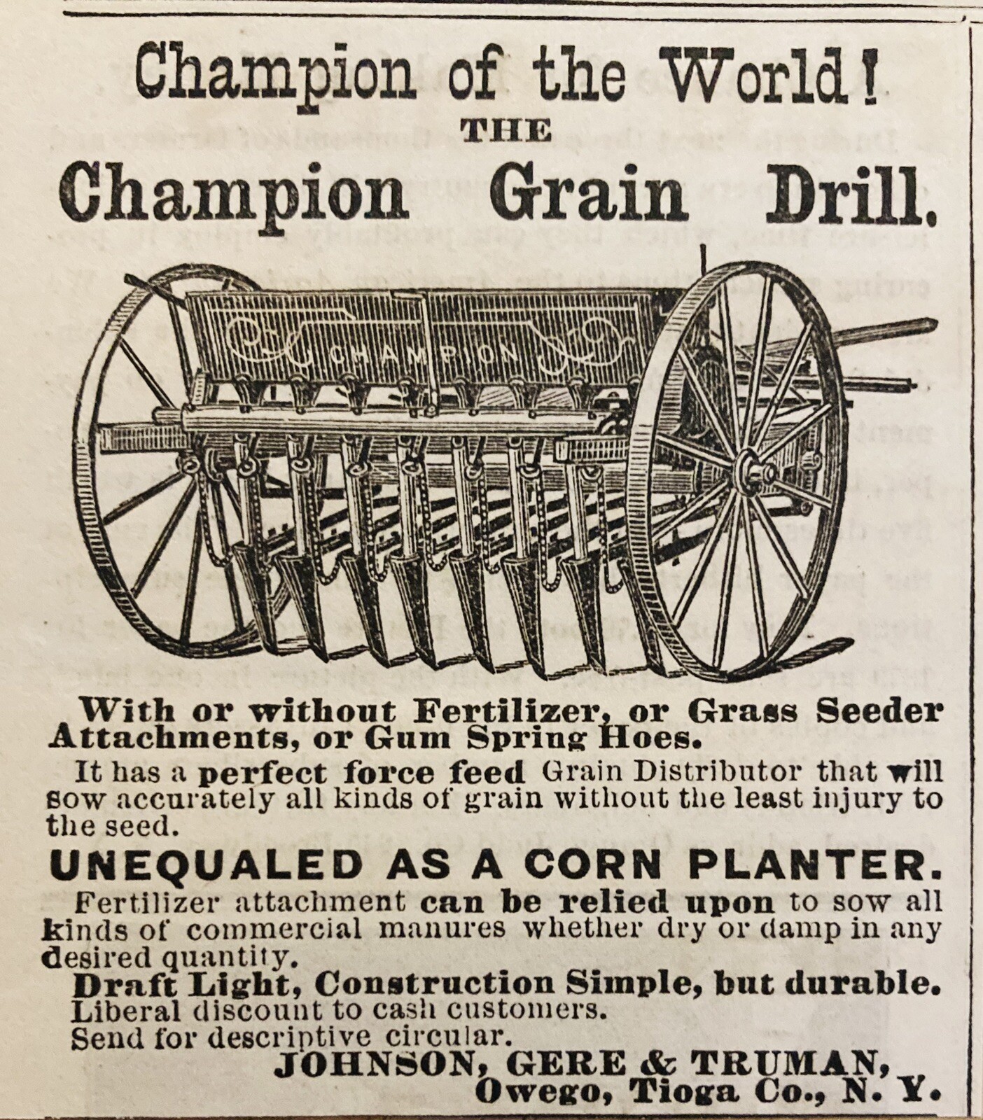 1879 AD.(XH71)~CHAMPION GRAIN DRILL, JOHNSON, GERE & TRUMAN, OWEGO, NY.