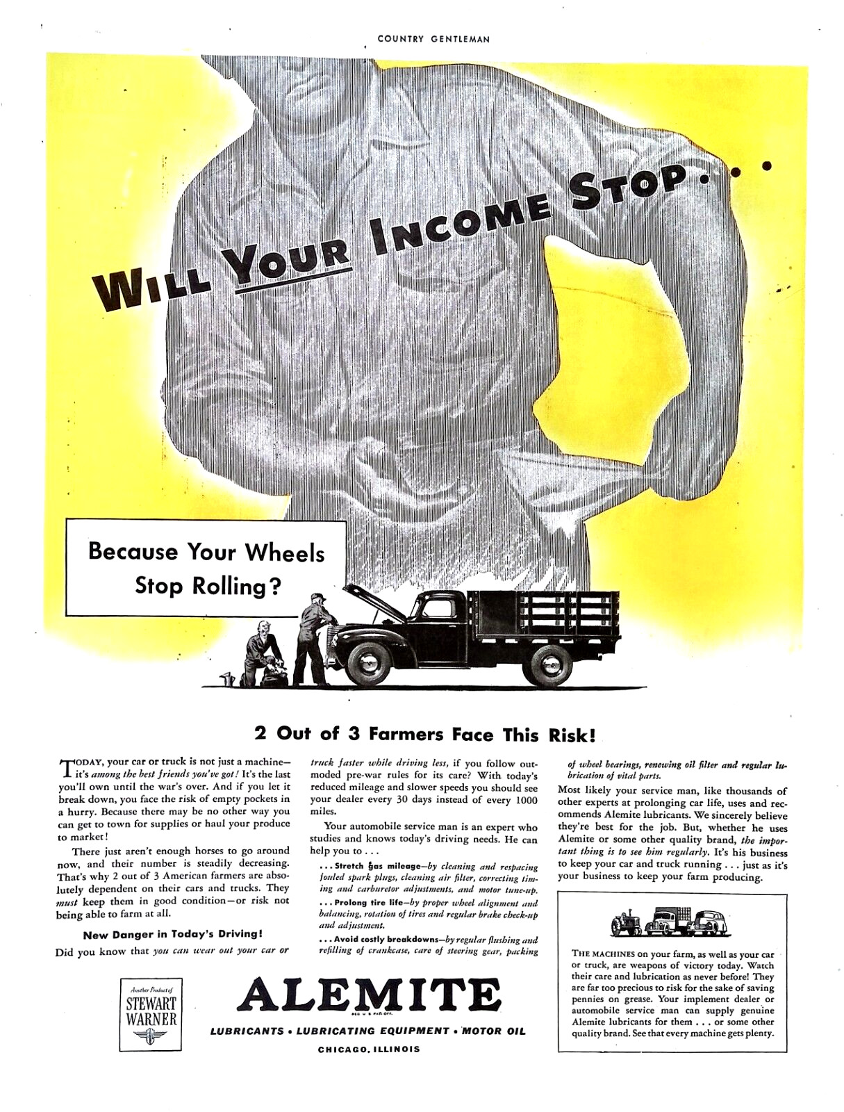 Alemite Lubricants 1943 Print Ad for Your Farm Vehicles 10.5×13.5