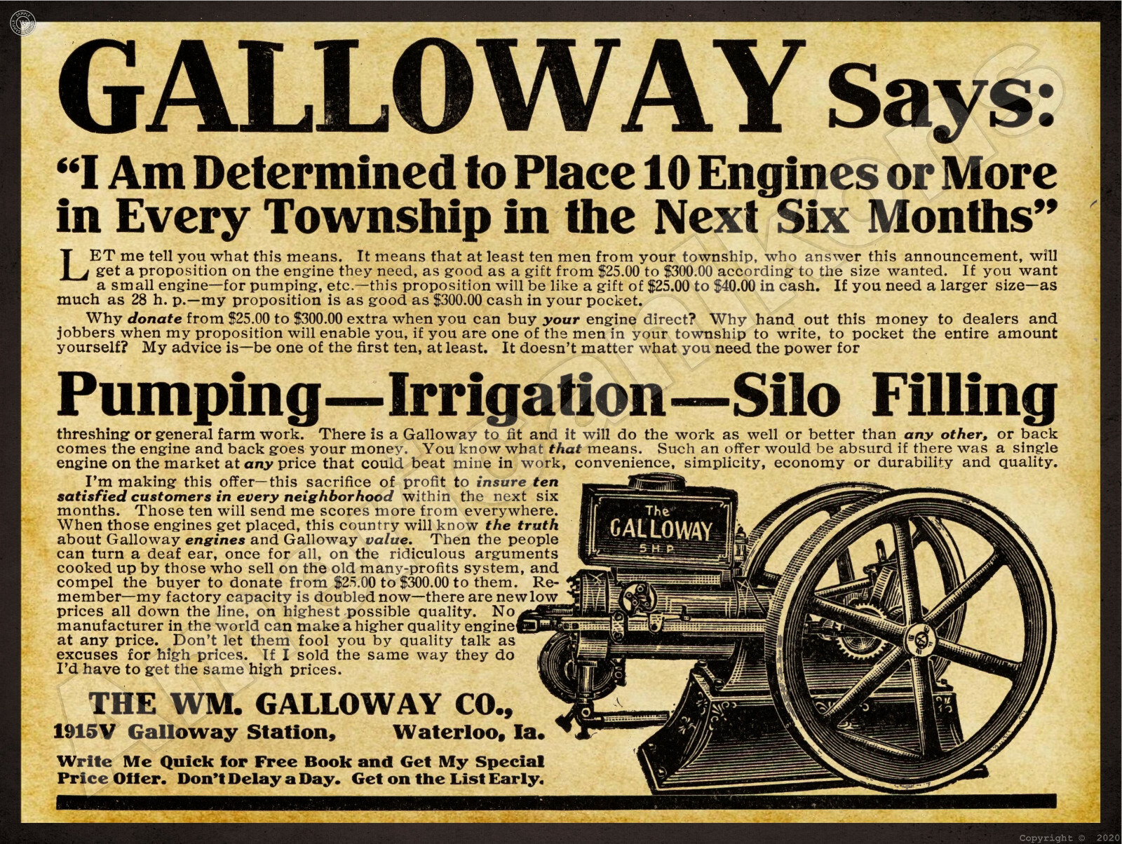 1912 Galloway Gas Engines New Metal Sign: Wm. Galloway Co. – Waterloo, Iowa