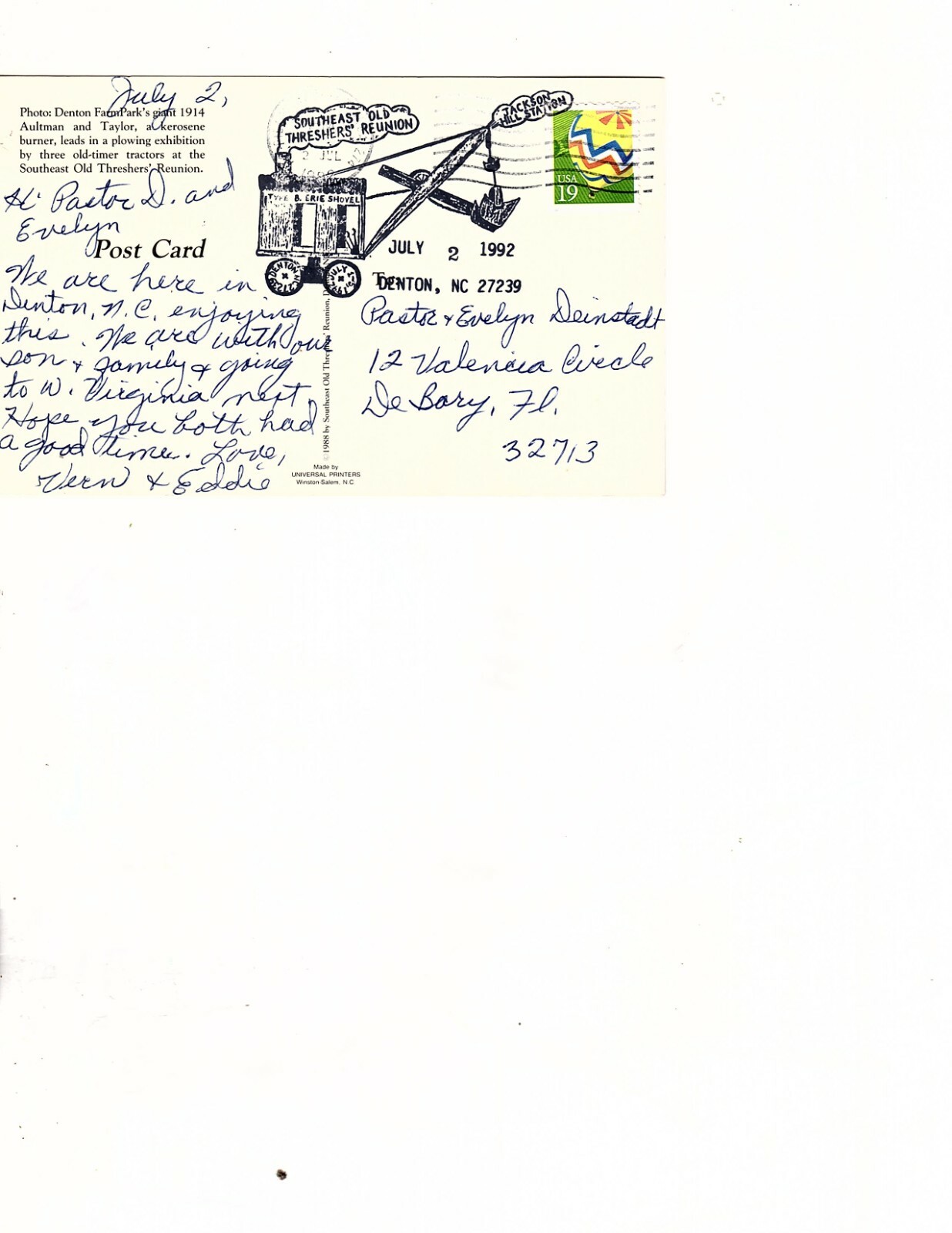 southeast florida Steam Thresher&rsquo;s Reunion postcard 1992 (mb17