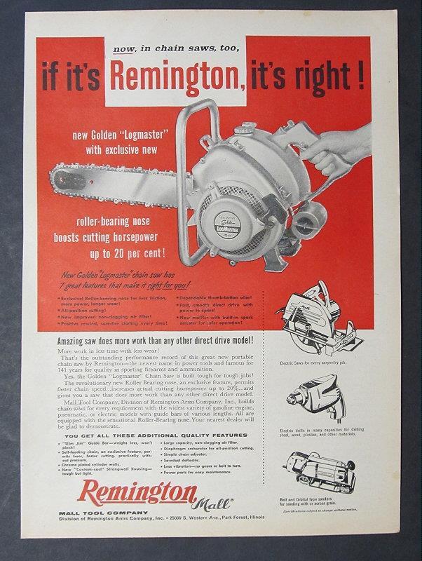 Original 1957 Magazine Chainsaw Ad Remington Golden Logmaster Chainsaw + Tools