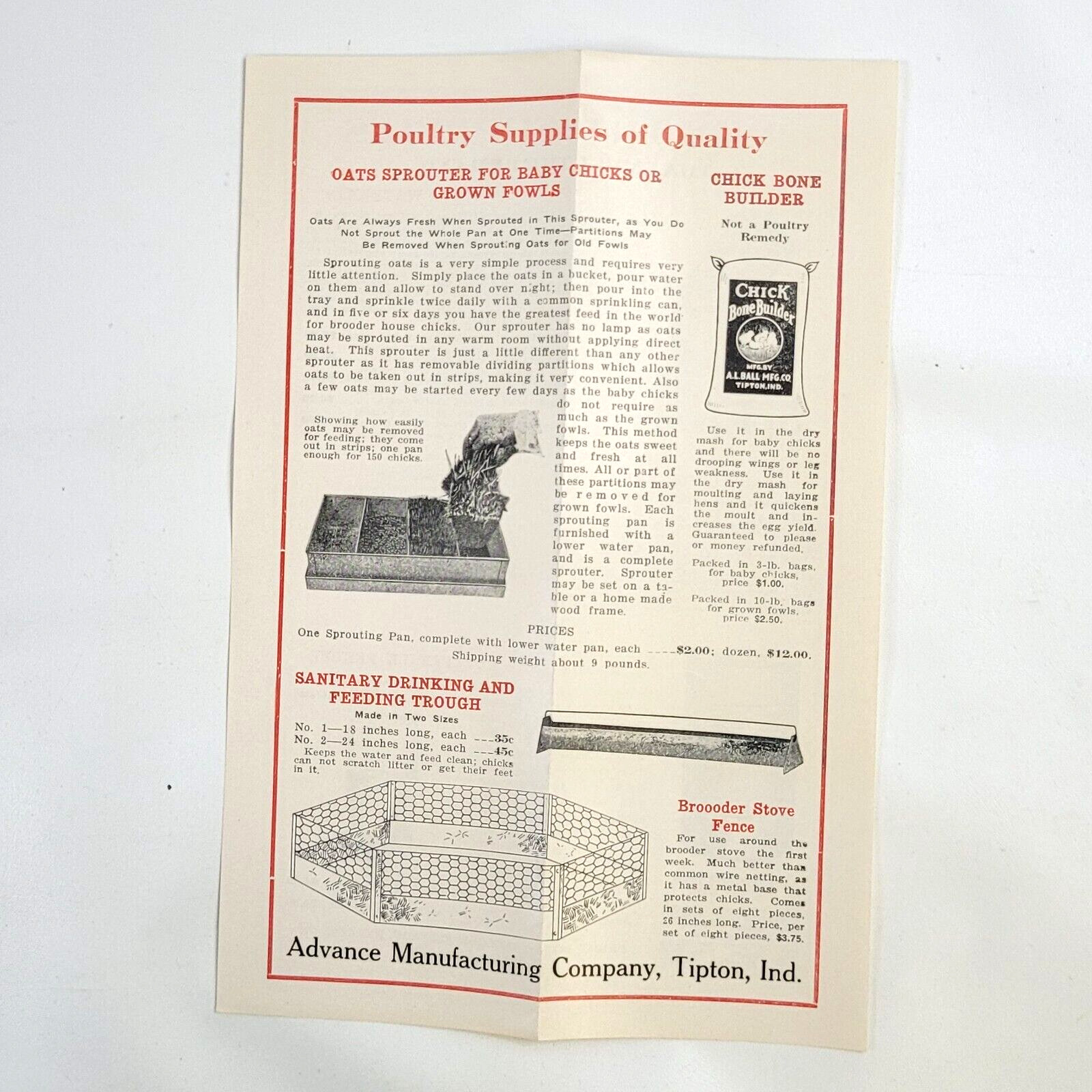 c.1920 Advance Manufacturing Poultry Farm Brooder Stove Ad Flyers Tipton Indiana
