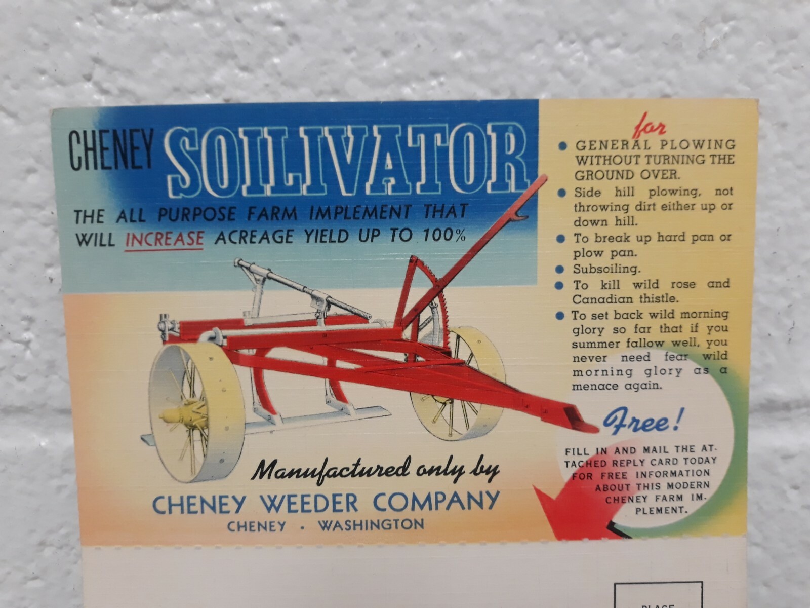 NOS Vintage Cheney Weeder Co. Soilivator farm implement double postcard, color