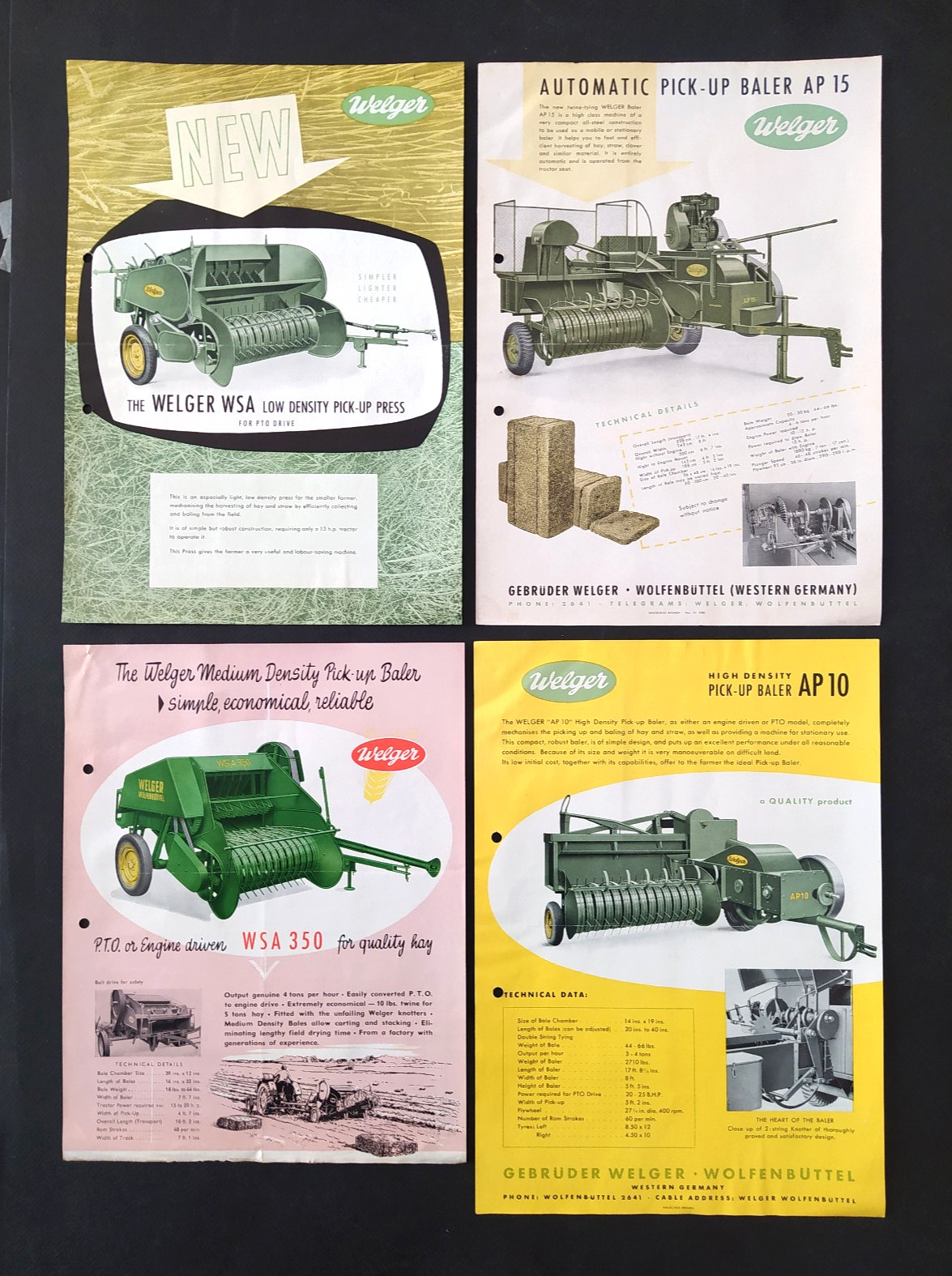 VINTAGE « WELGER » 1954 GERMAN BALERS 4 BROCHURES LOT AGRICULTURAL MACHINERY
