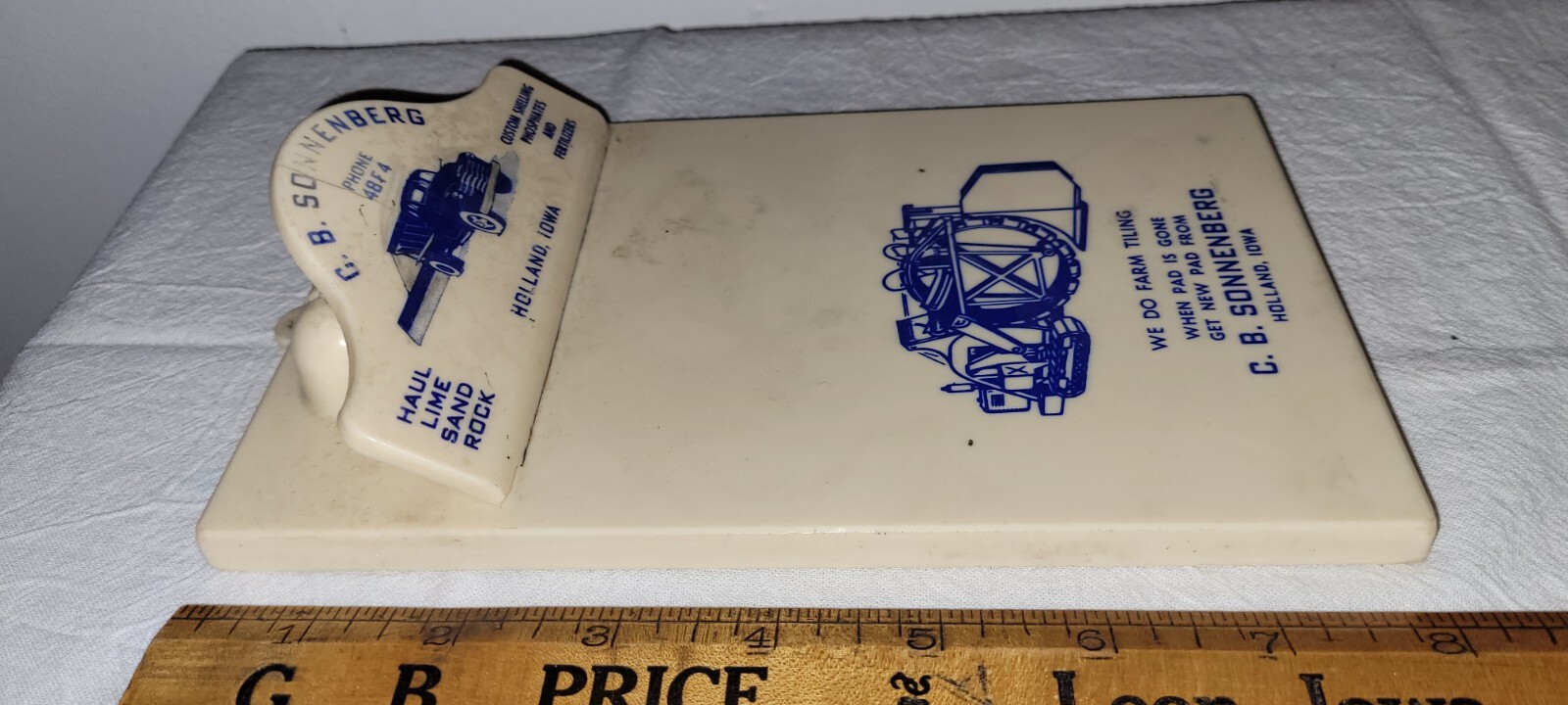 vtg C.B. SONNENBERG Trucking & Tiling HOLLAND IOWA Clip Board Plastic 1940&rsquo;s