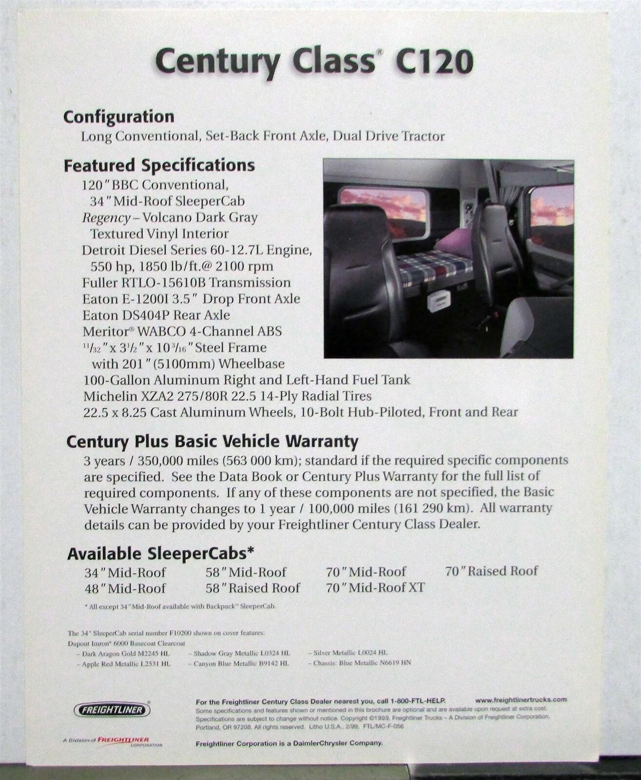 1999 Freightliner Century Class Trucks 34 Inch SleeperCab Specs Sales Sheet