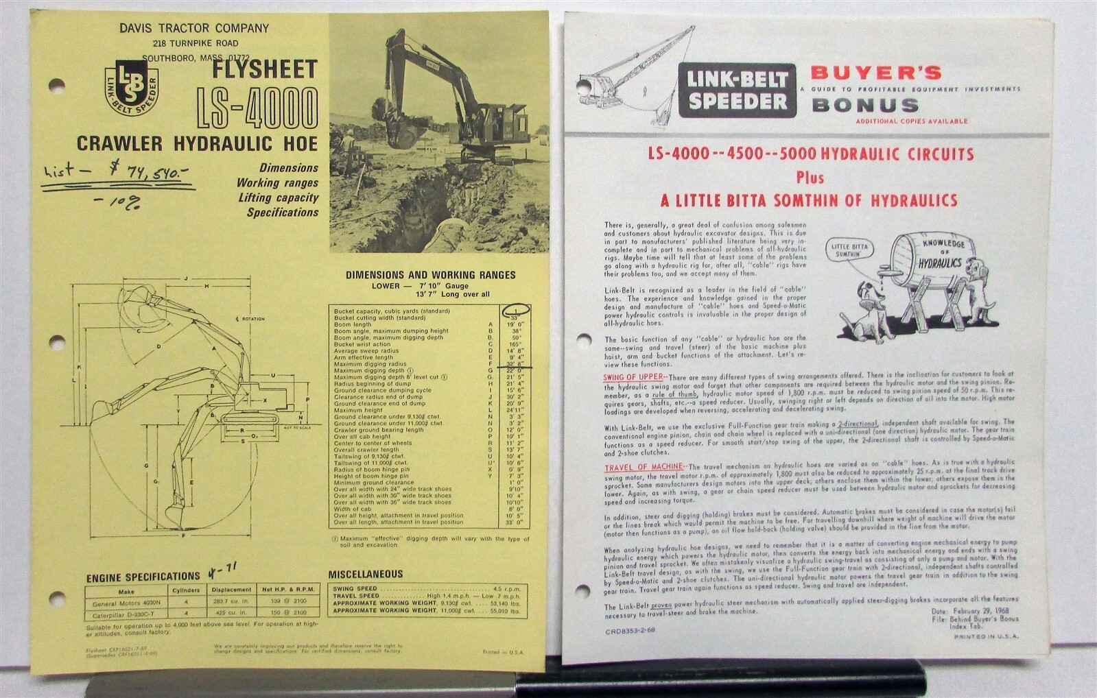 1968 Link Belt Speeder LS4000 Hydraulic Hoe Specs Construction Sales Brochure