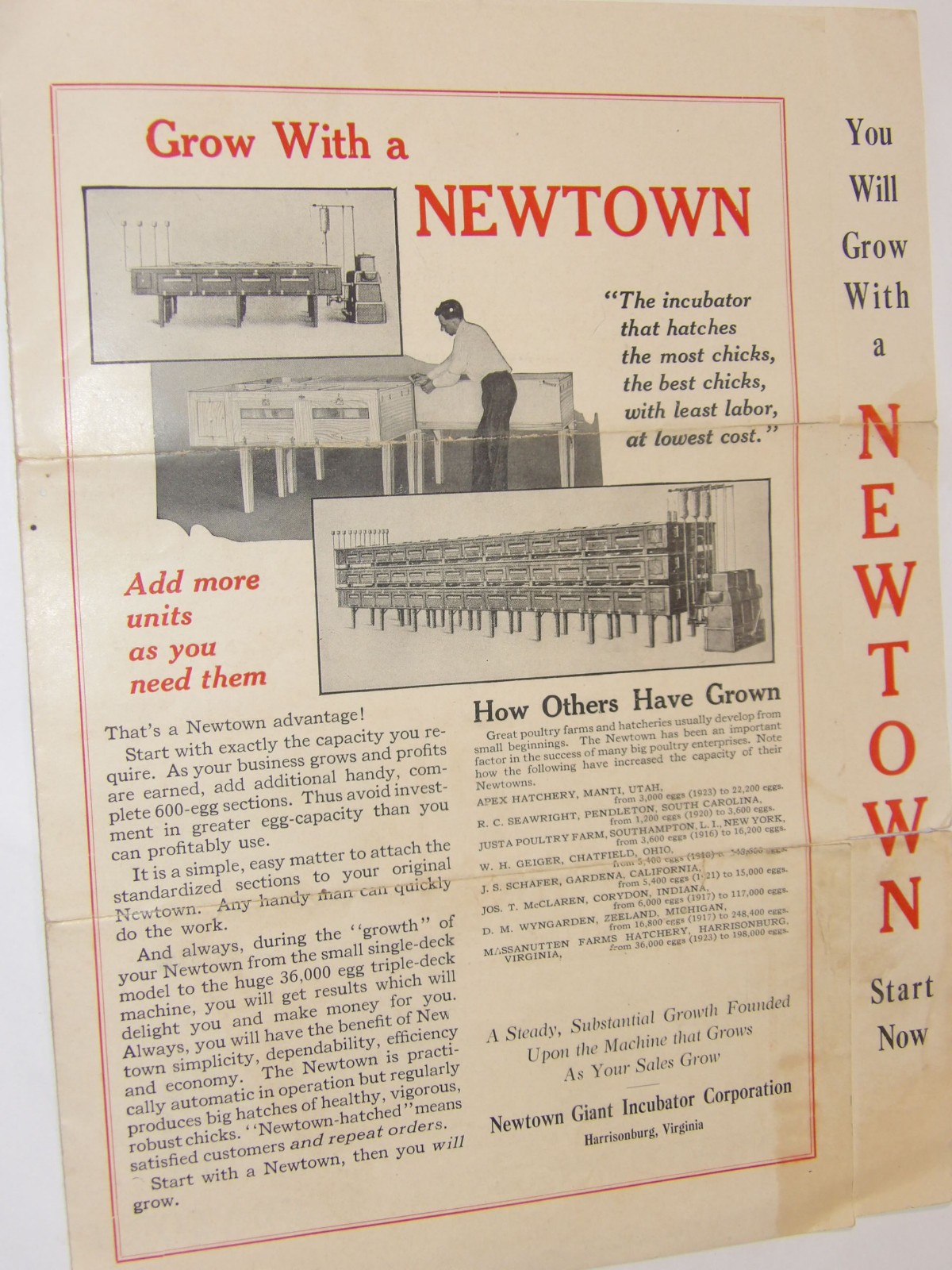 VINTAGE 1925 NEWTOWN OIL LAMP-HEATED INCUBATORS BROCHURES! 4 PCS/HARRISONBURG,VA