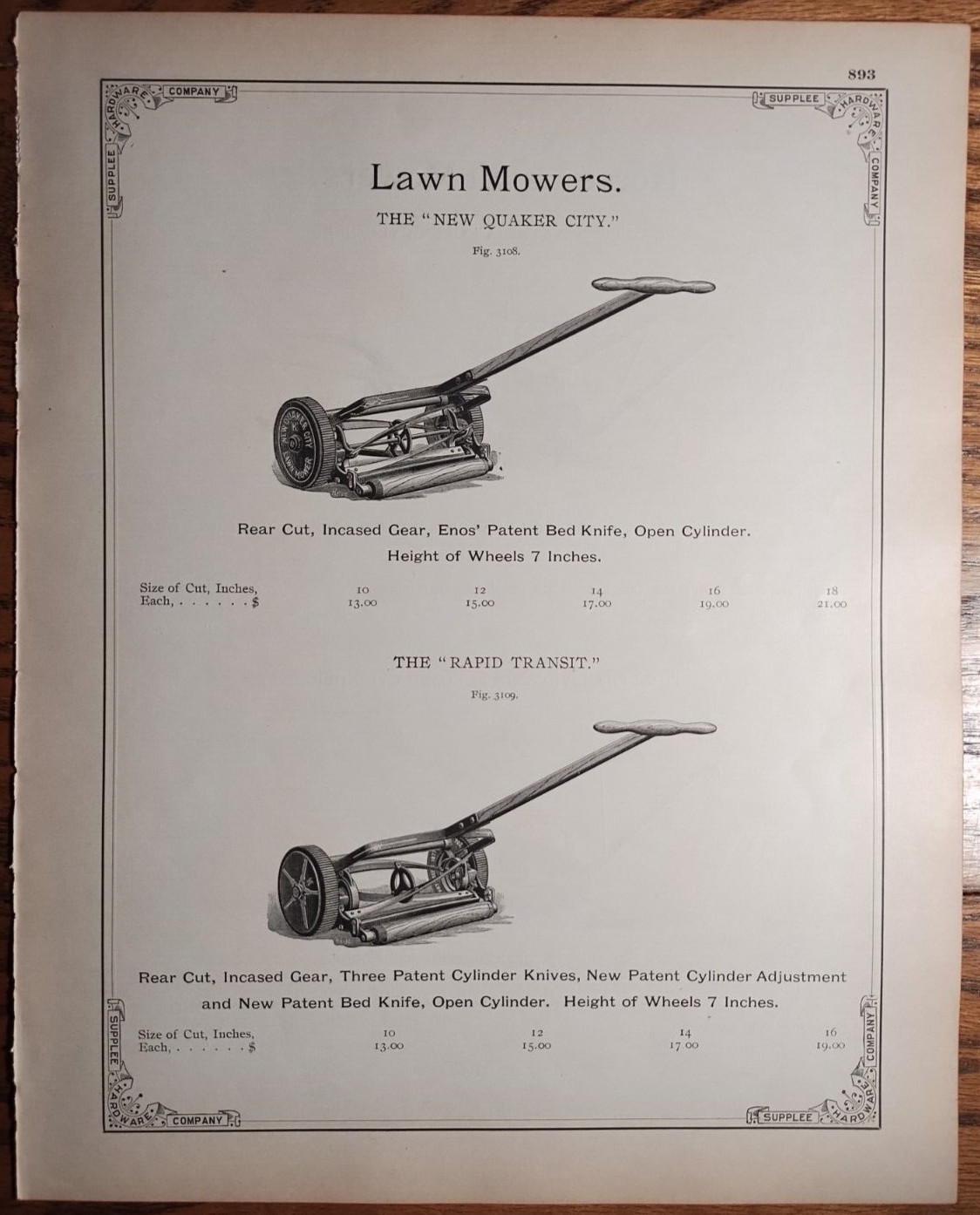 (4) 1893 Pennsylvania Reel Lawn Mowers Print Ads Catalog Pages Original AD-31