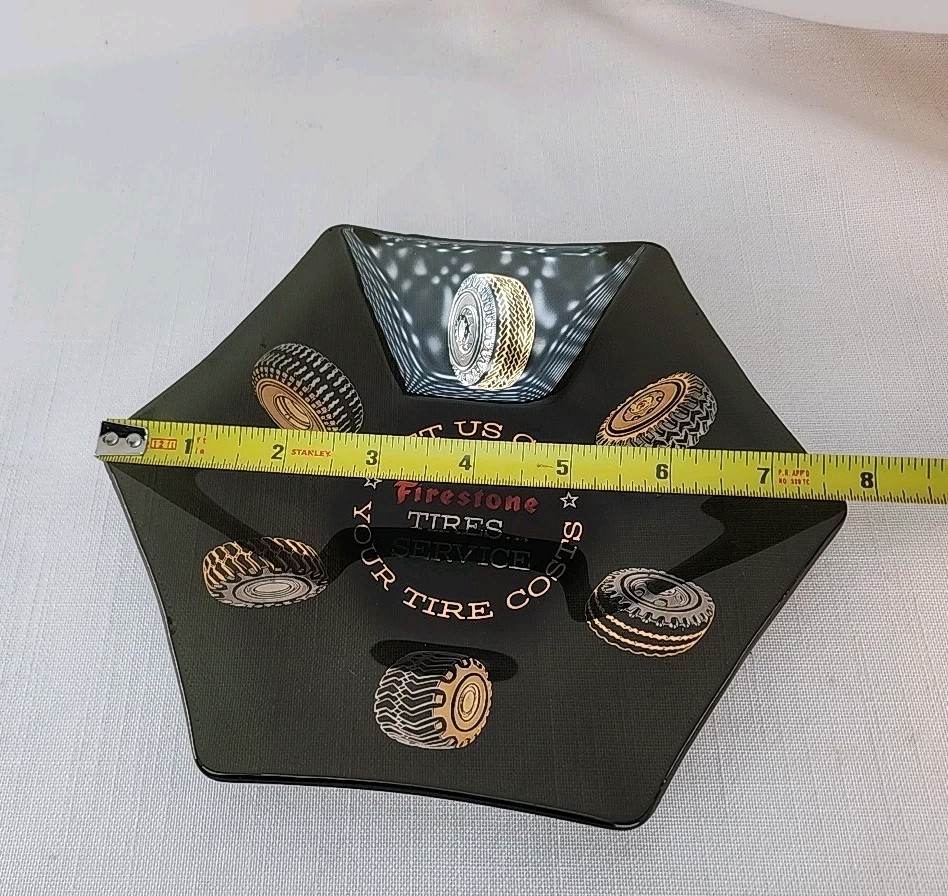 Vintage Firestone Tire Service Dealer smoked Glass Coin Dish / Desk Trinket MCM