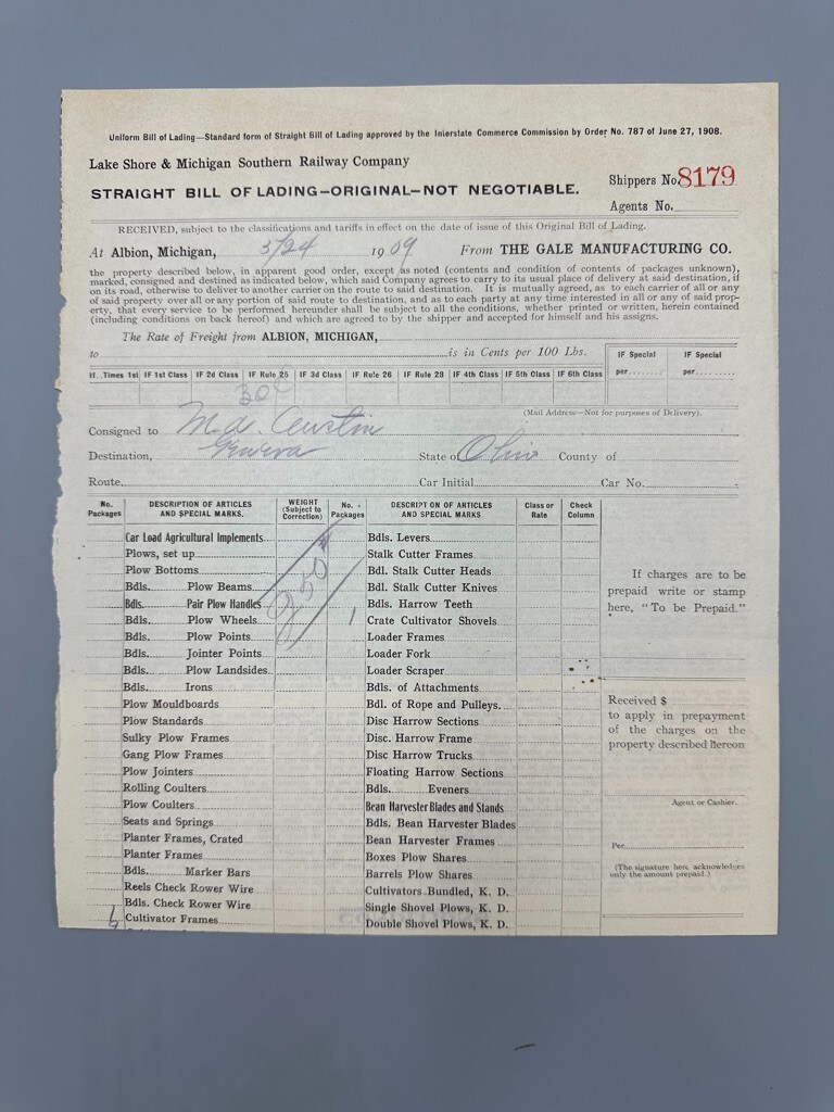 1909 LAKE SHORE & MICHIGAN SOUTHERN RAILWAY Bill of Lading GALE Farm Advertising