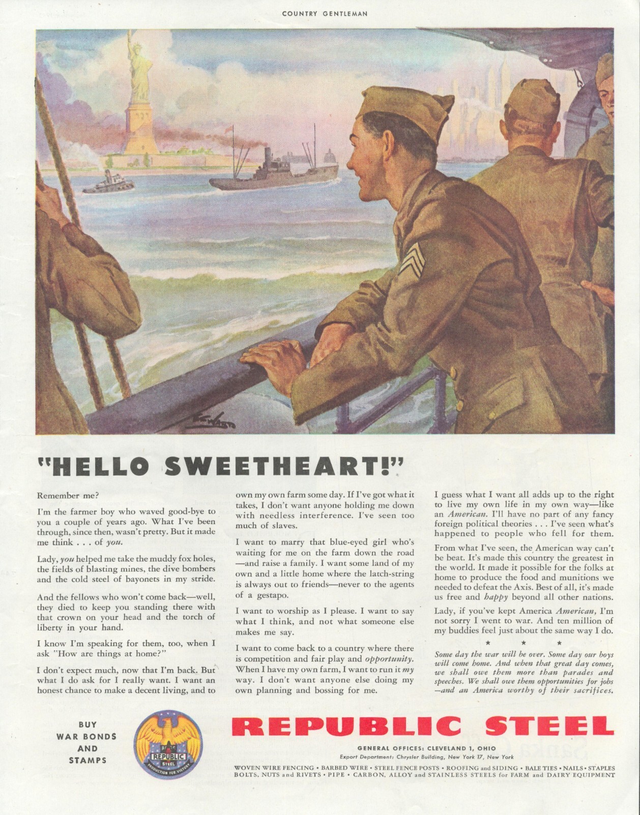 1944 WWII Statue of Liberty soldier PRINT AD But War Bonds farmer returning