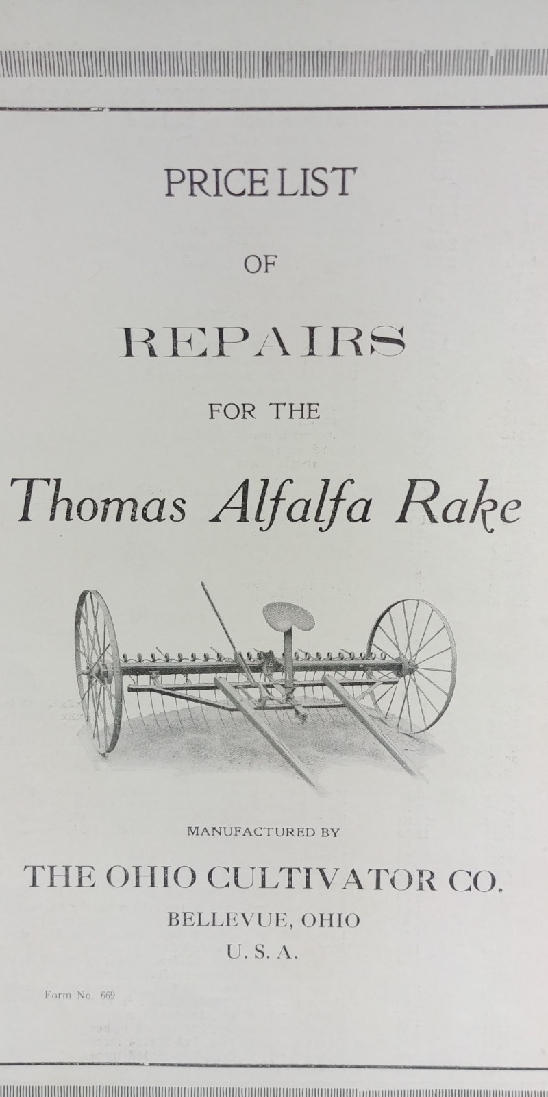 1910s Ohio Cultivator Co Thomas Alfalfa Rake Price List Repairs Brochure Antique