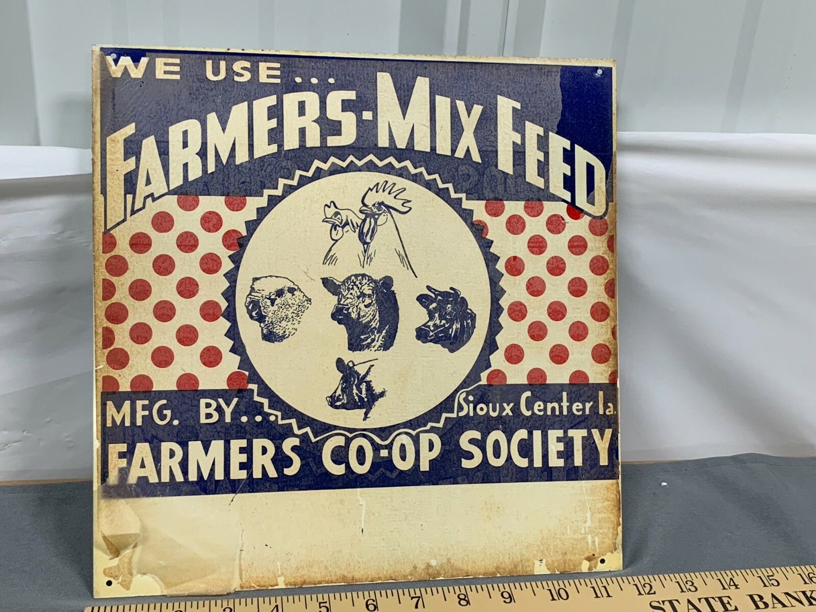 1950s Farmers Mix Feed Pig Cow Chicken 12×12 Tin Sign Co-op Sioux Center, IA