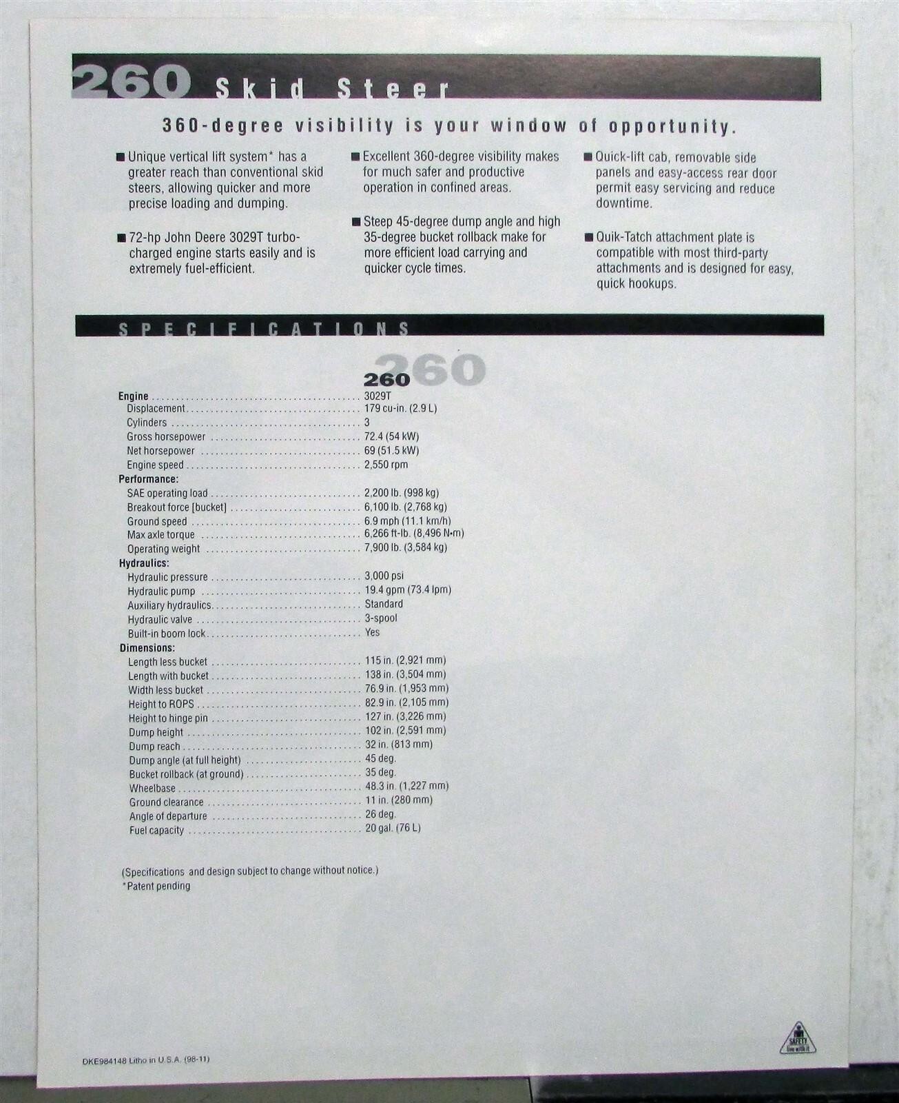1999 John Deere 260 200 Series Skid Steer Specification Construction Sales Sheet