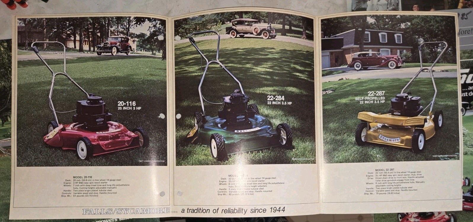 LOT OF 9 70S AND 80S FALLS SYCAMORE LAWN MOWER DEALER COLOR BROCHURES 1976-1986