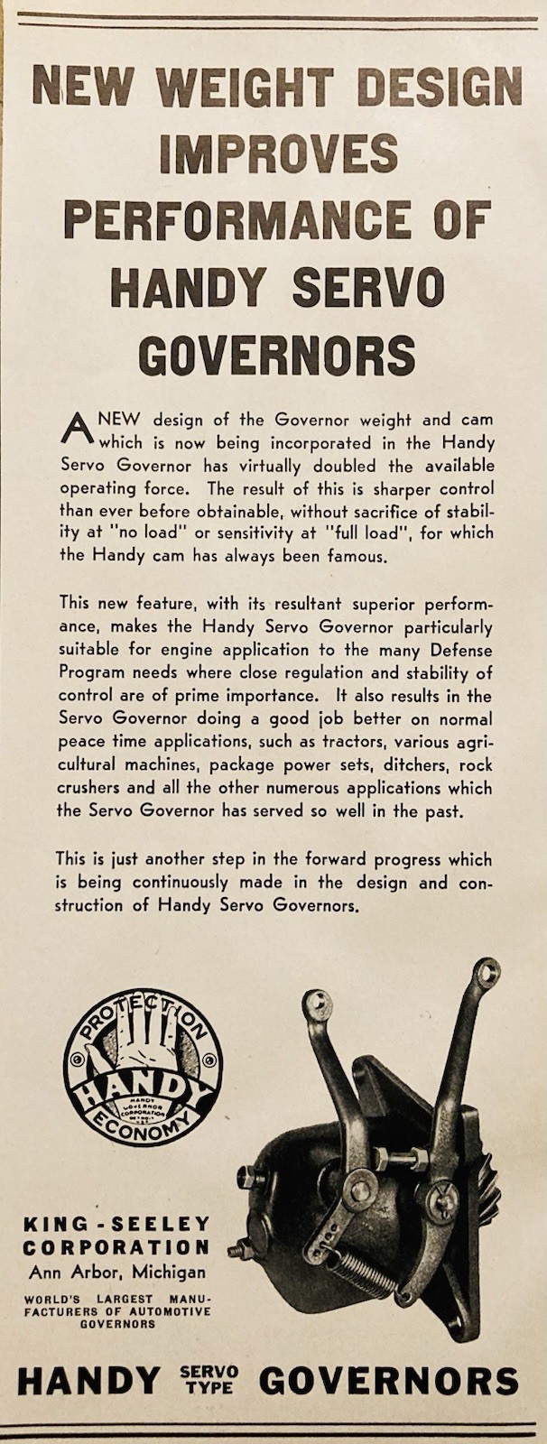 1944 AD.(PC5)~KING-SEELEY CO. ANN ARBOR, MI. HANDY SERVO TYPE GOVERNORS
