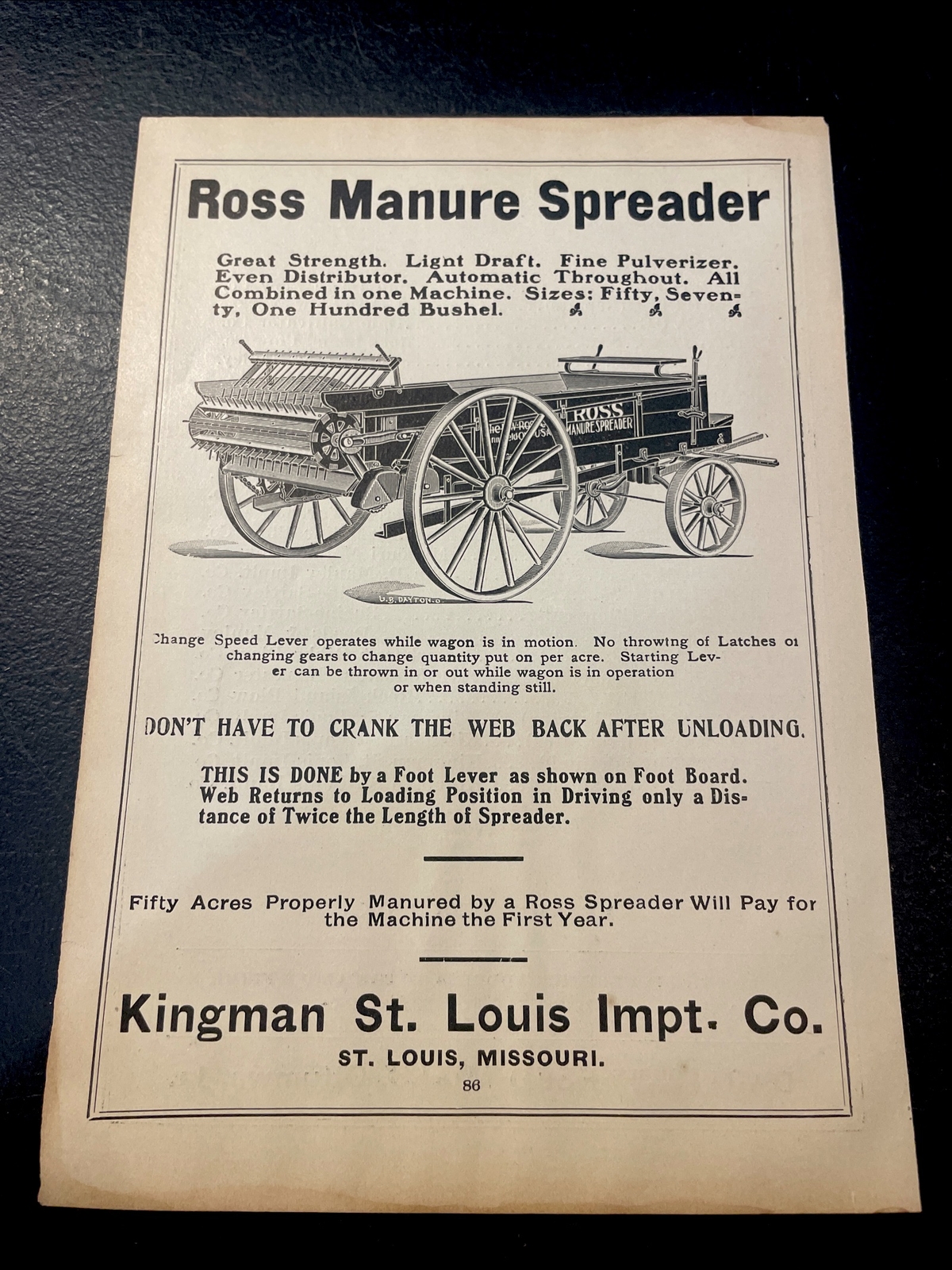 ORIGINAL 1907 Ross Manure Spreader Farm Advertising – Kingman – St. Louis