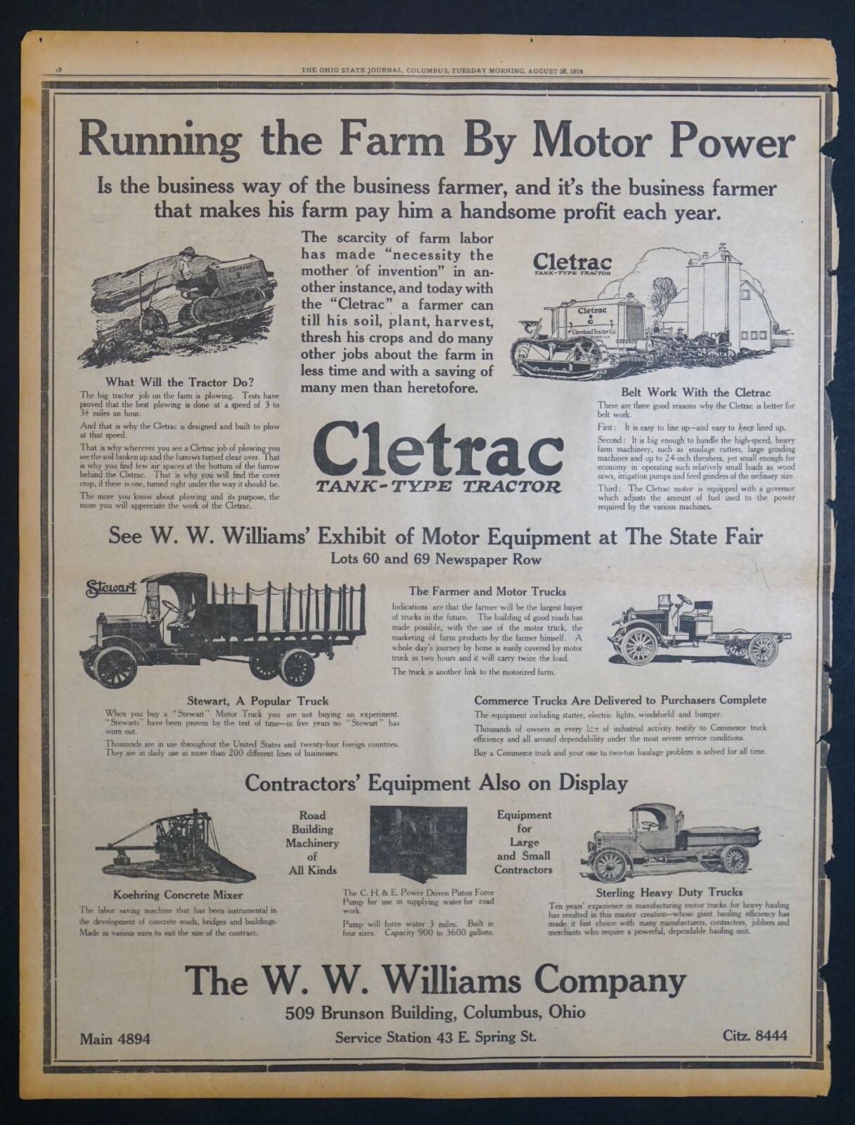 1919 Ohio Newspaper Page – Full Page Vintage Cletrac Tank-Type Tractor Ad