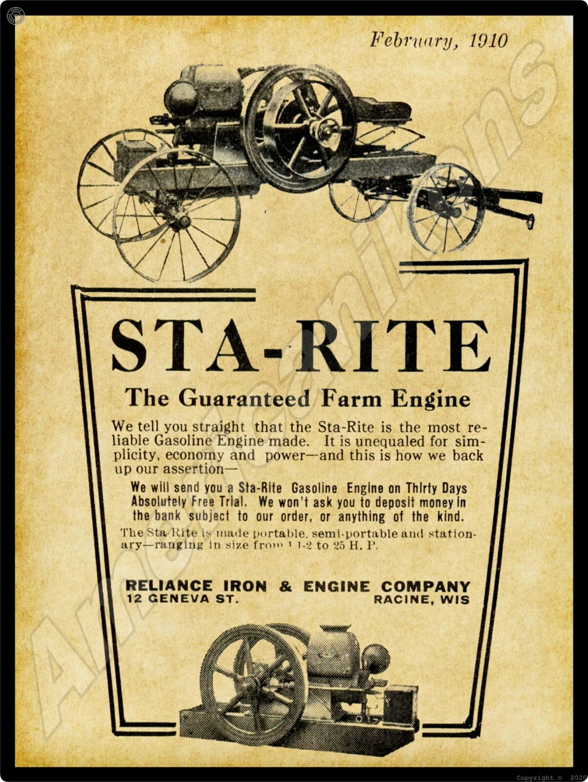 Reliance Iron & Engine Co. New Metal Sign: Sta-Rite Gas Engines – Large Size