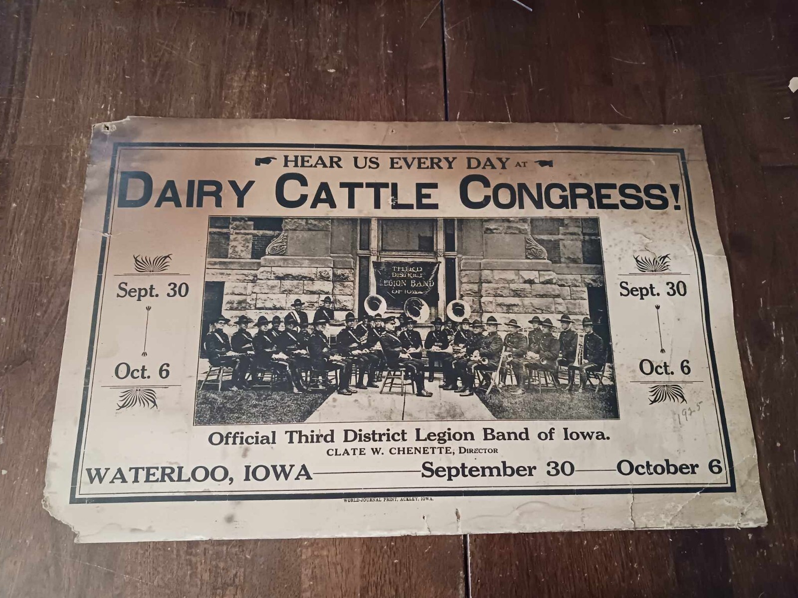 1925 DAIRY CATTLE CONGRESS POSTER SIGN LEGION BAND WATERLOO ACKLEY IOWA 22&Prime; X 14