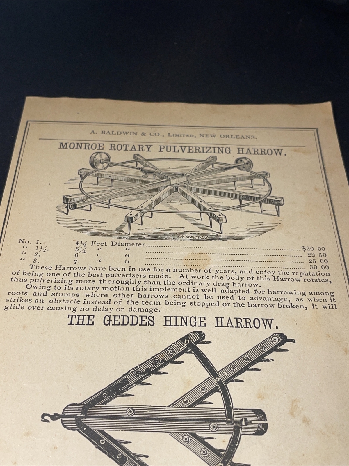 1891 Baldwin – Monroe Rotary Pulverizing Harrow Farm Advertising – New Orleans