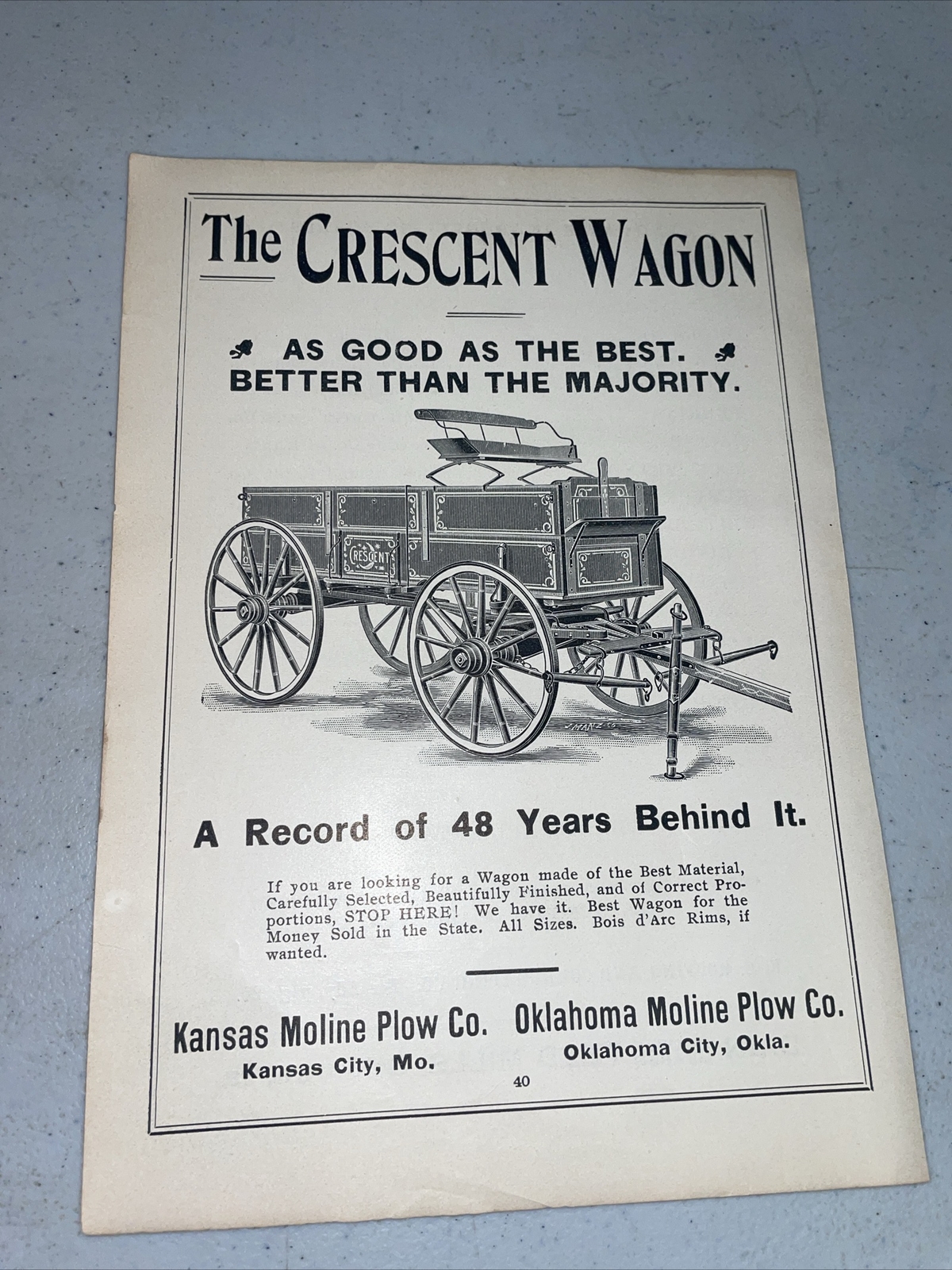 ORIGINAL 1907 Crescent Wagon Farm Advertising – Kansas / Oklahoma Moline Plow