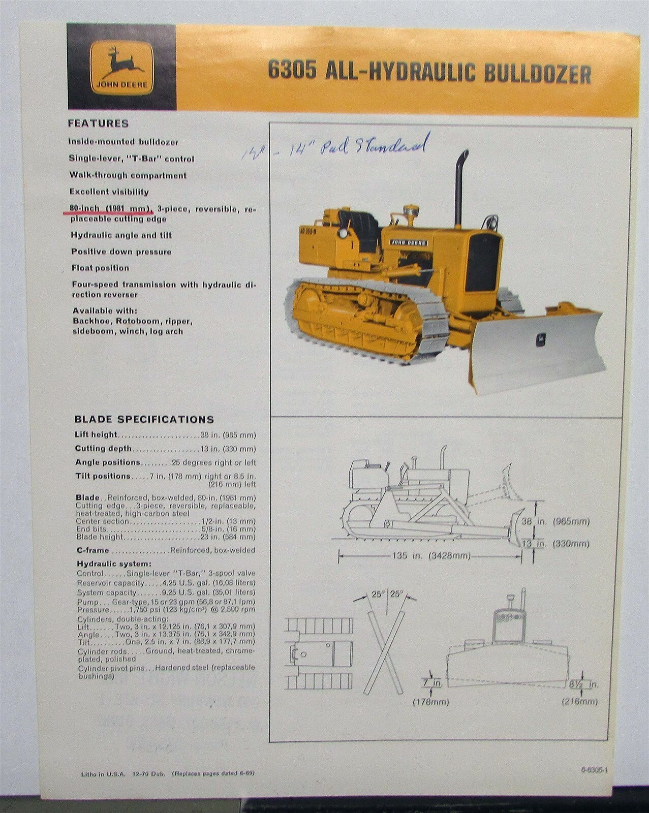 1971 John Deere 6305 Bulldozer Specifications Construction Sales Brochure