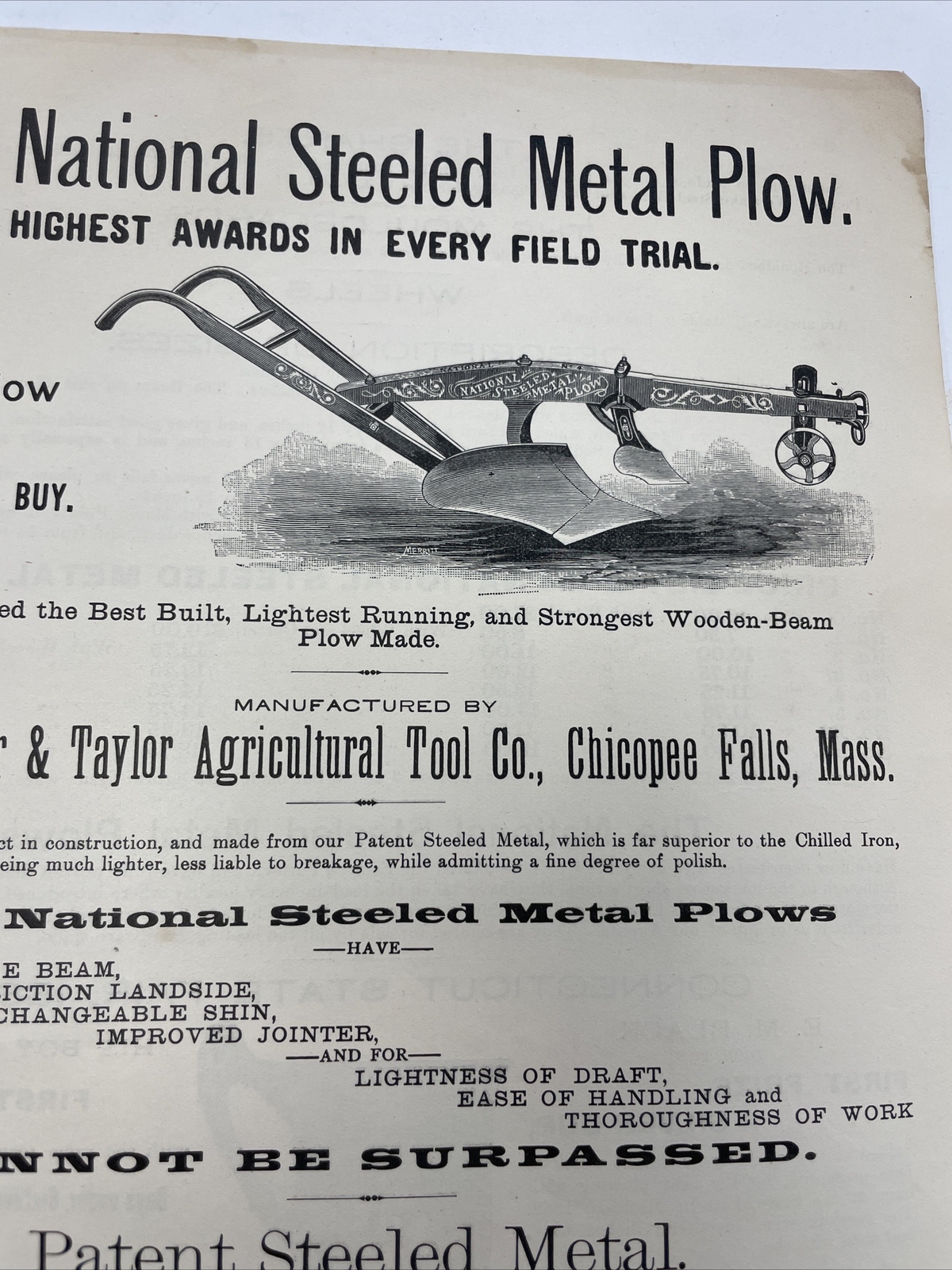 VINTAGE 1889 NATIONAL STEELED METAL PLOW ADVERTISEMENT