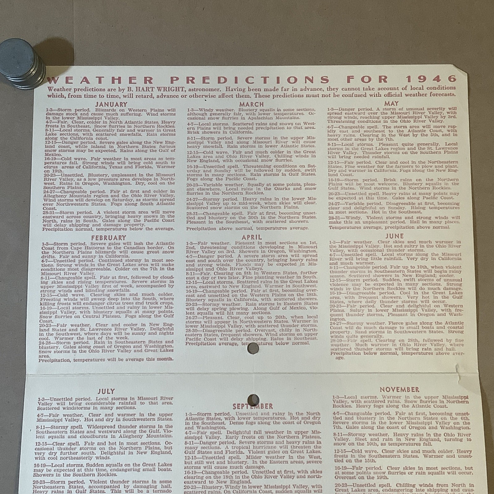 1946 Muntz-McLaughlin Co. Farm Inventory Calendar Holgate OH INV-P0801
