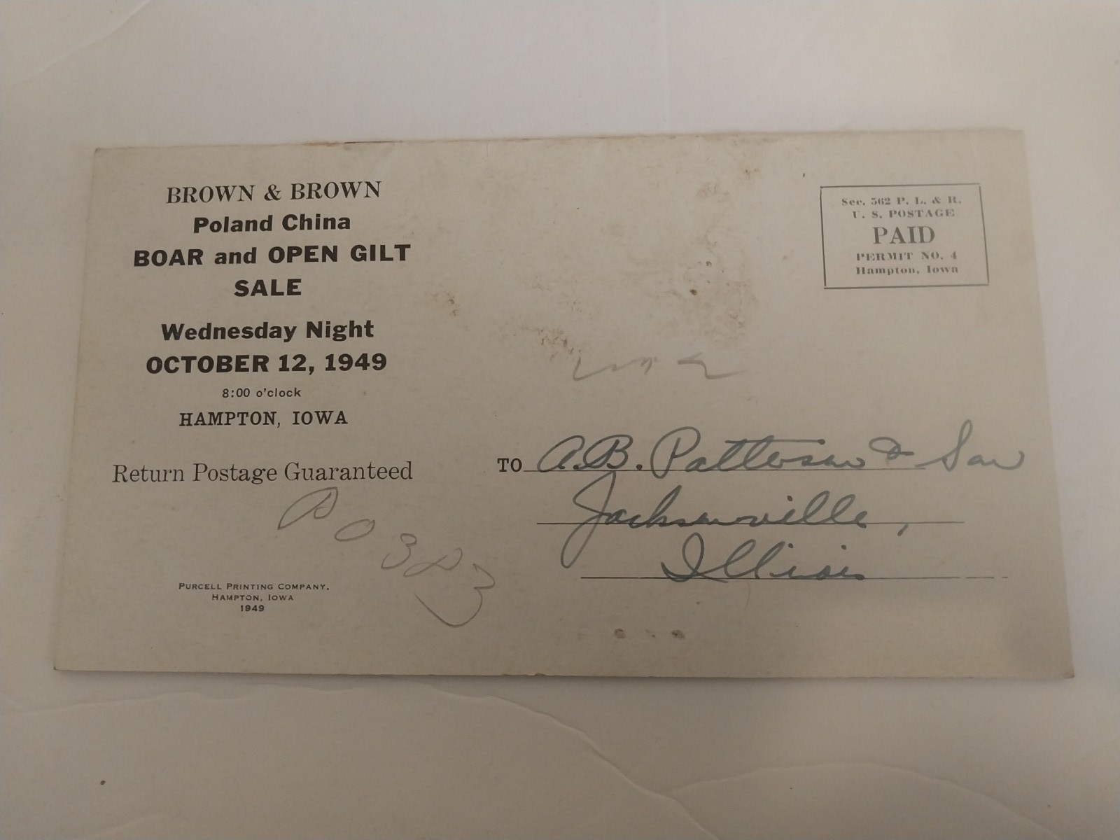 Brown & Brown – Poland China boar & gilt sale brochure 10/12/1949 Hampton, Iowa