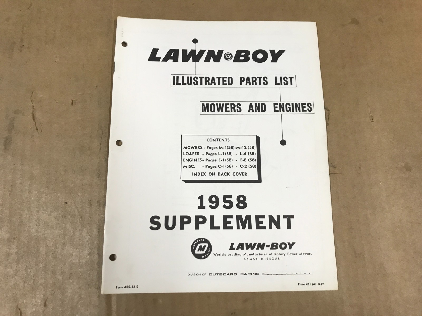 Vintage Lawn Boy Illustrated Parts List – Mowers & Engines – 1958 Supplement