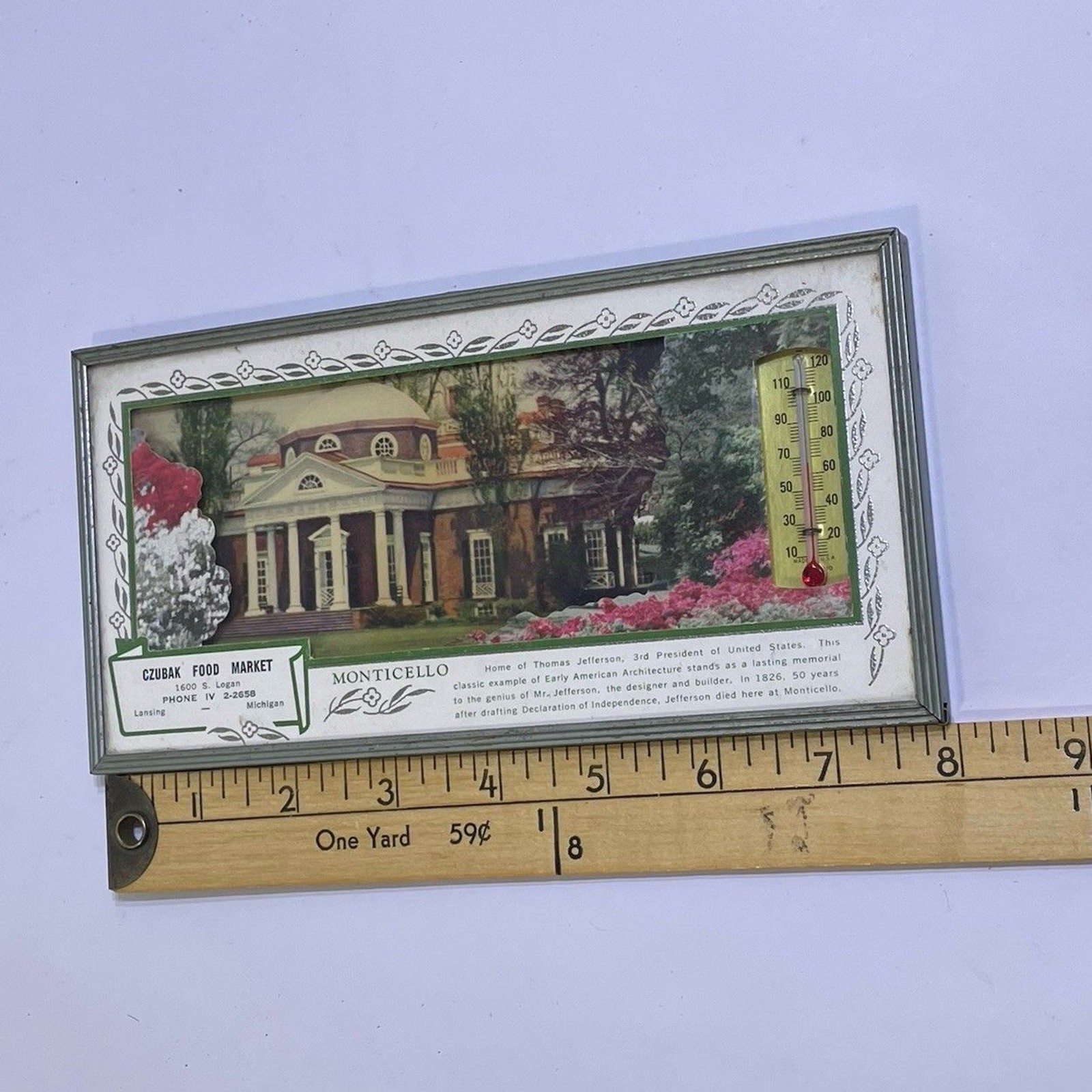 Monticello Thomas Jefferson Thermometer Ad Advertisement Czubak Market MI